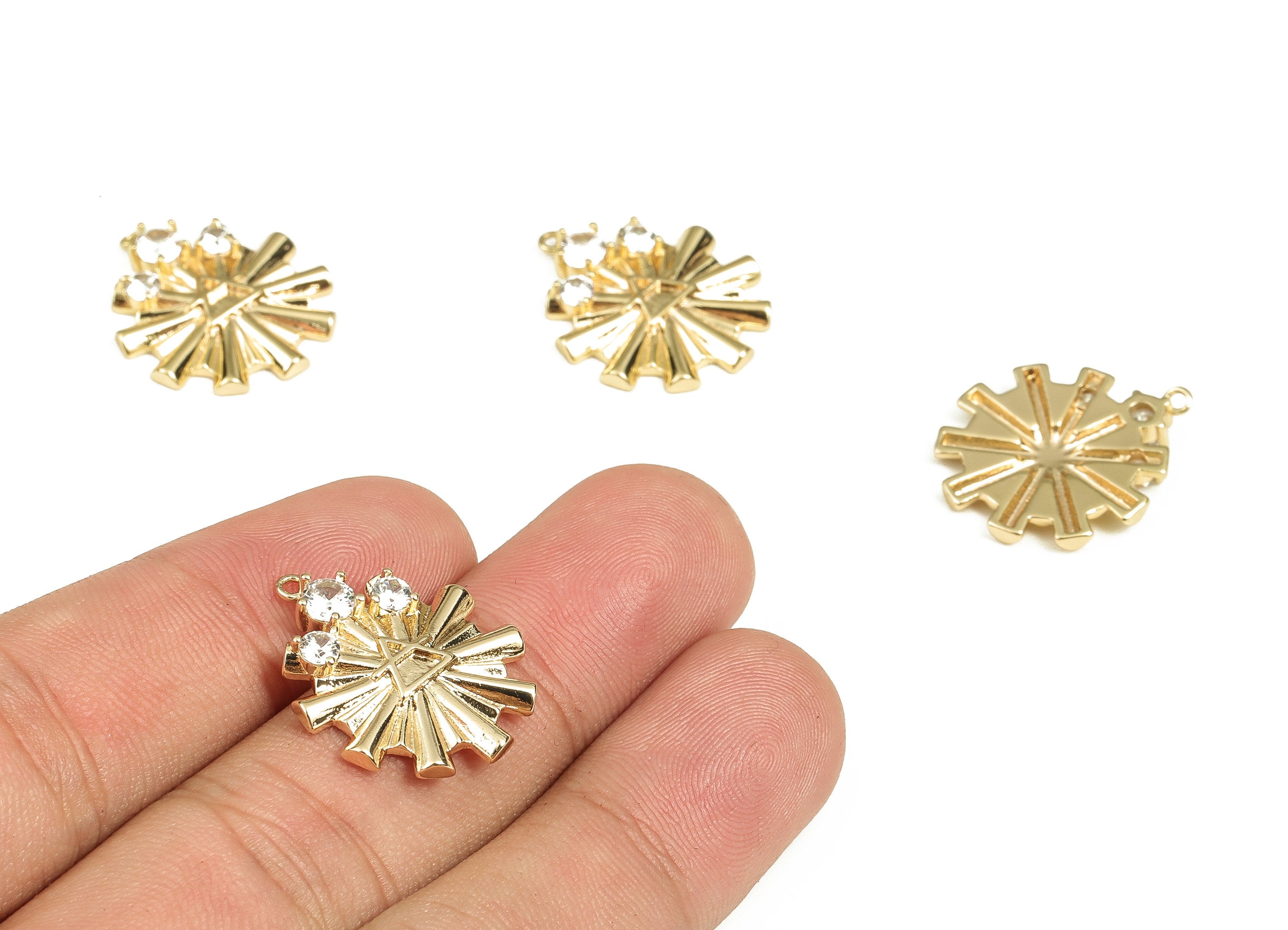 Brass Sun Triangle Earring Charms With Zircons - Gold Sun Triangle Pendant - 18K Real Gold Plated Brass - 19x18.68x3.27mm - RGP3876 - DOMEDBAZAAR