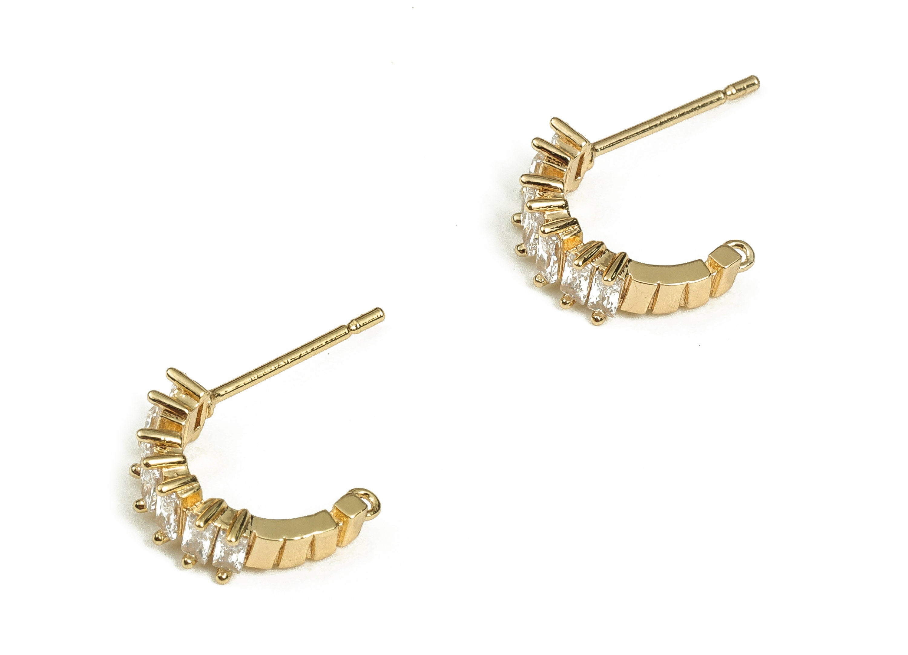 Brass C Shaped Earring Stud - Gold Semicircle Earring Post - Brass Stud with Zircon - 18K Real Gold Plated Brass -13.3x8.5x4.13mm- RGP3468 - DOMEDBAZAAR