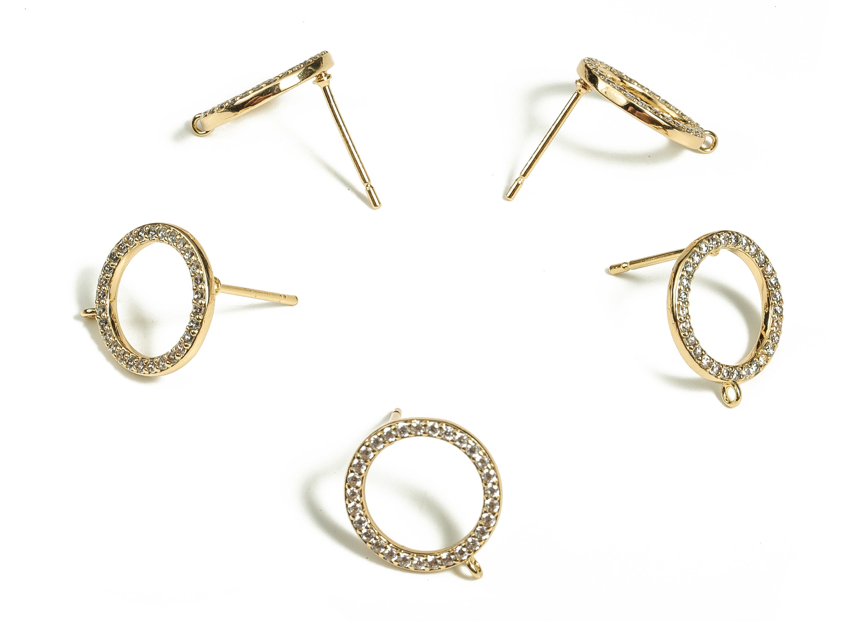 Brass Round Earring Post With Zircons - Gold Circle Stud - 18K Real Gold Plated Brass - Stainless Steel Stud - 6.06x3.97x2.61mm - RGP3470 - DOMEDBAZAAR