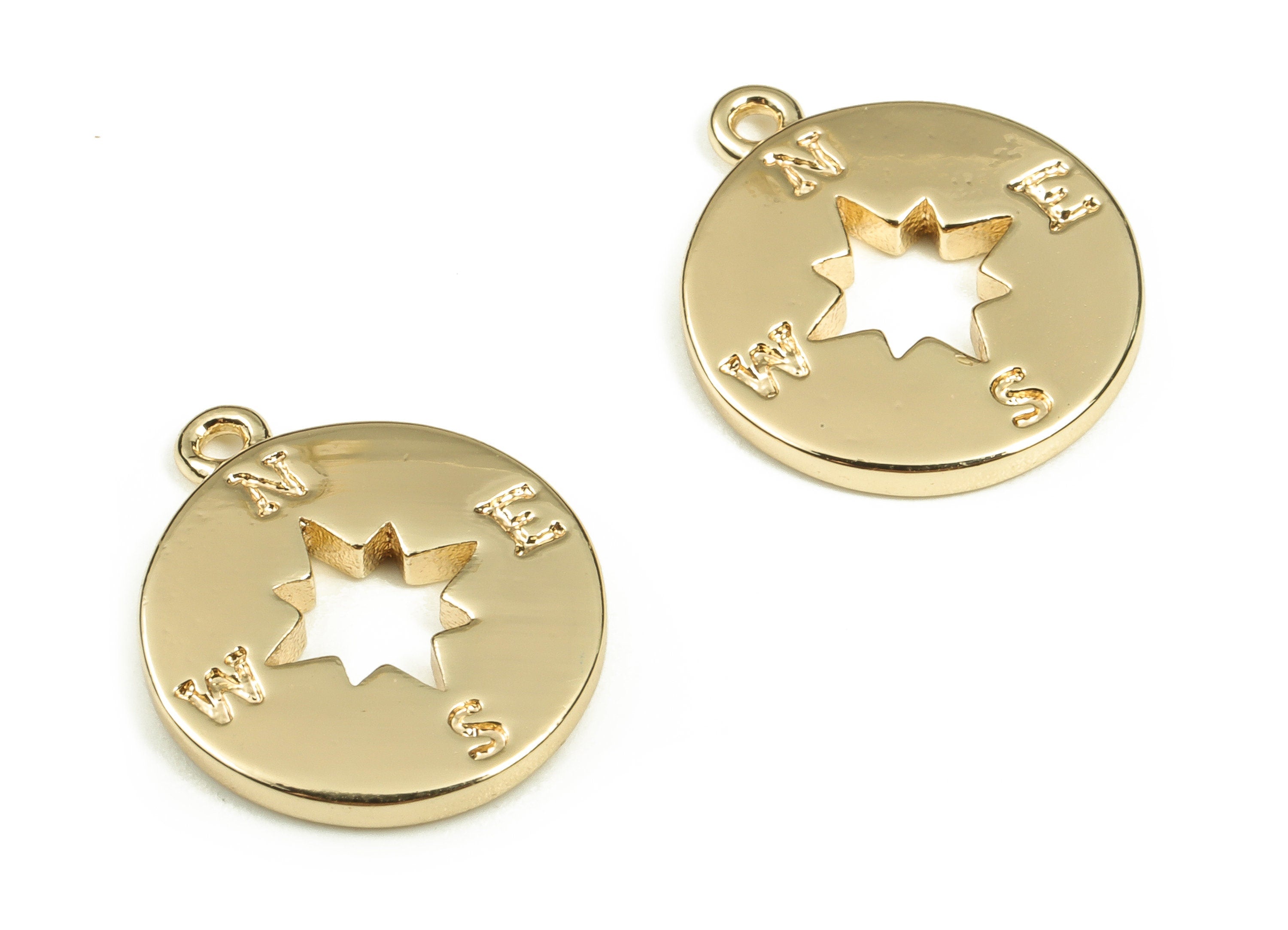 Brass Round Compass Earring Charm - Hollow Star Pendant Charm- 18K Real Gold Plated Brass - Jewelry Supplies -14.31x12.13x1.62mm - RGP3423 - DOMEDBAZAAR
