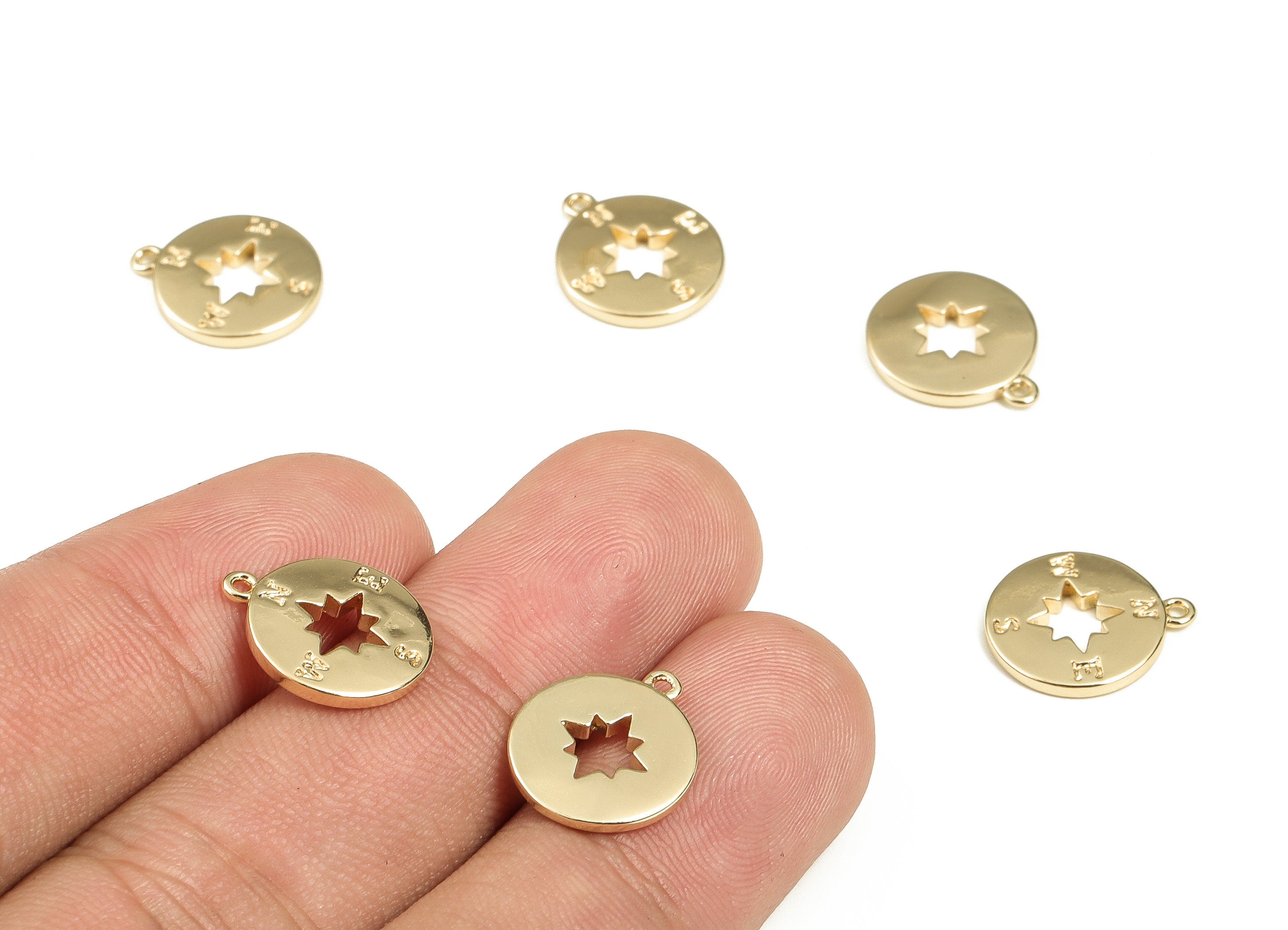 Brass Round Compass Earring Charm - Hollow Star Pendant Charm- 18K Real Gold Plated Brass - Jewelry Supplies -14.31x12.13x1.62mm - RGP3423 - DOMEDBAZAAR