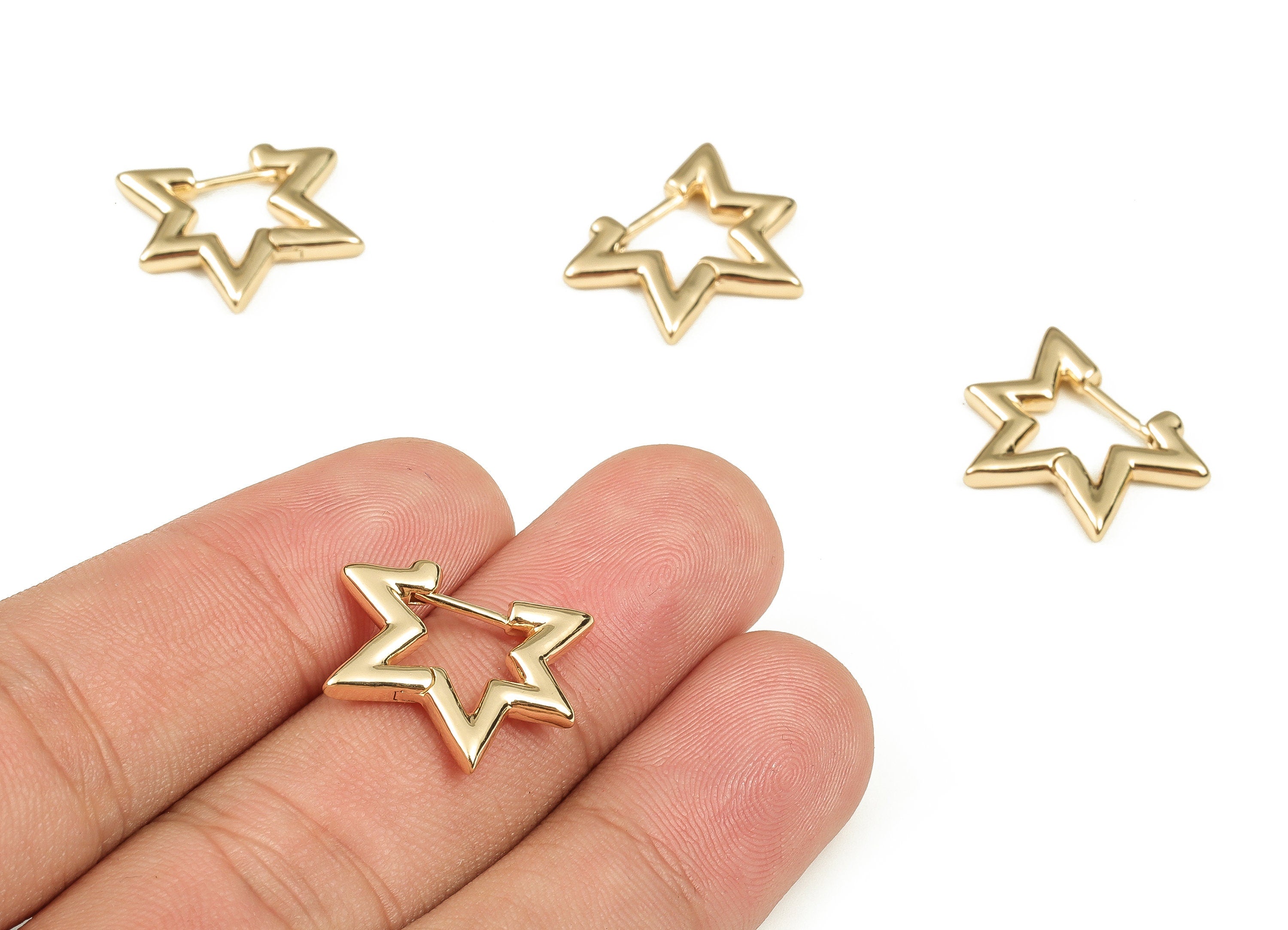 Brass Star Shaped Hoop Stud Earrings - Gold Star Hoops - 18k Real Gold Plated Hoops - Jewelry Making Supplies - 20.76x17.42x2.4mm - RGP3700 - DOMEDBAZAAR