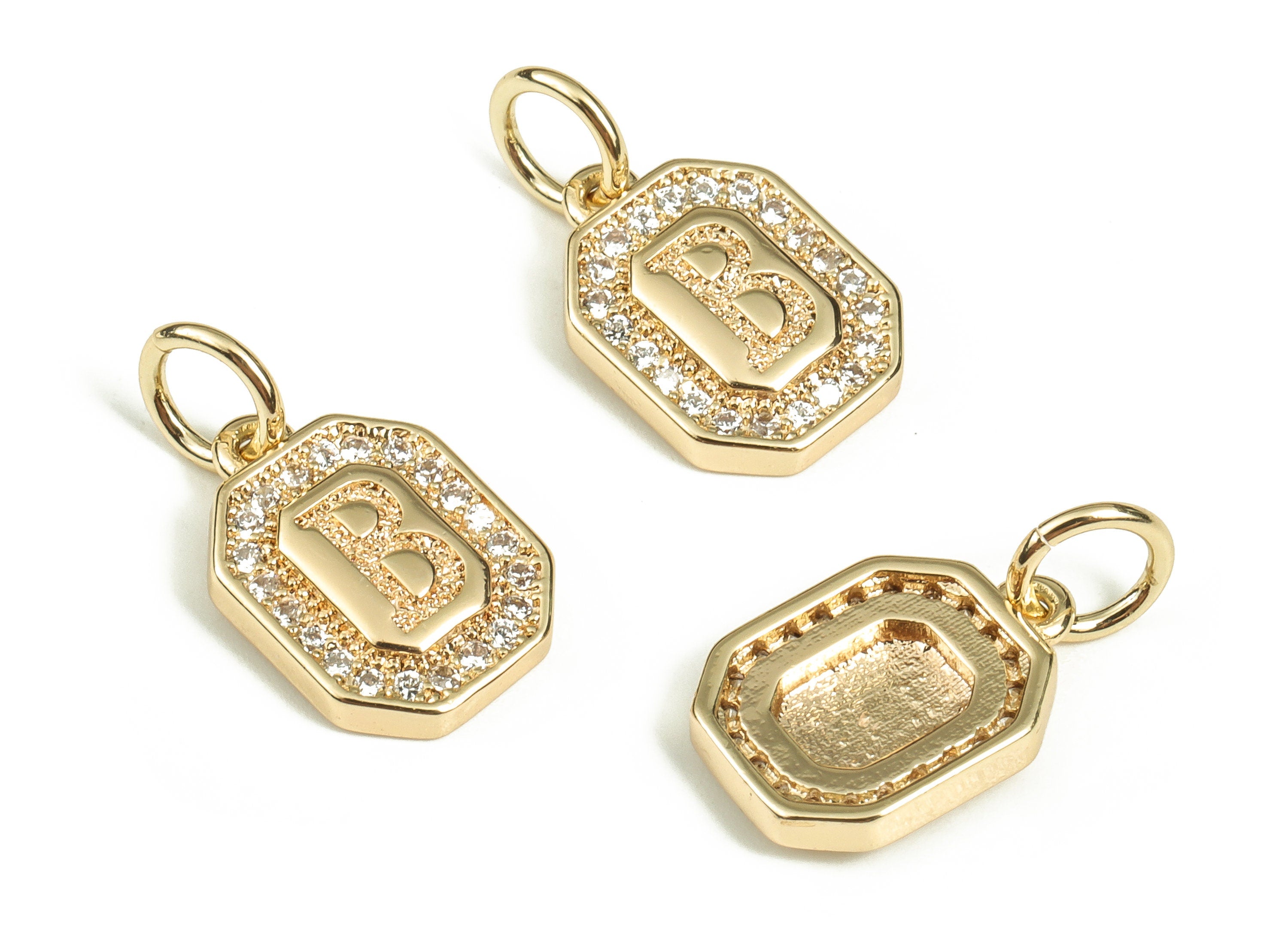 Brass Square Letter B Earring Charms with Zircons – Initial B Gold Alphabet Pendant – 18K Real Gold Plated Brass -12.02x8.33x2.33mm-RGP3595B - DOMEDBAZAAR