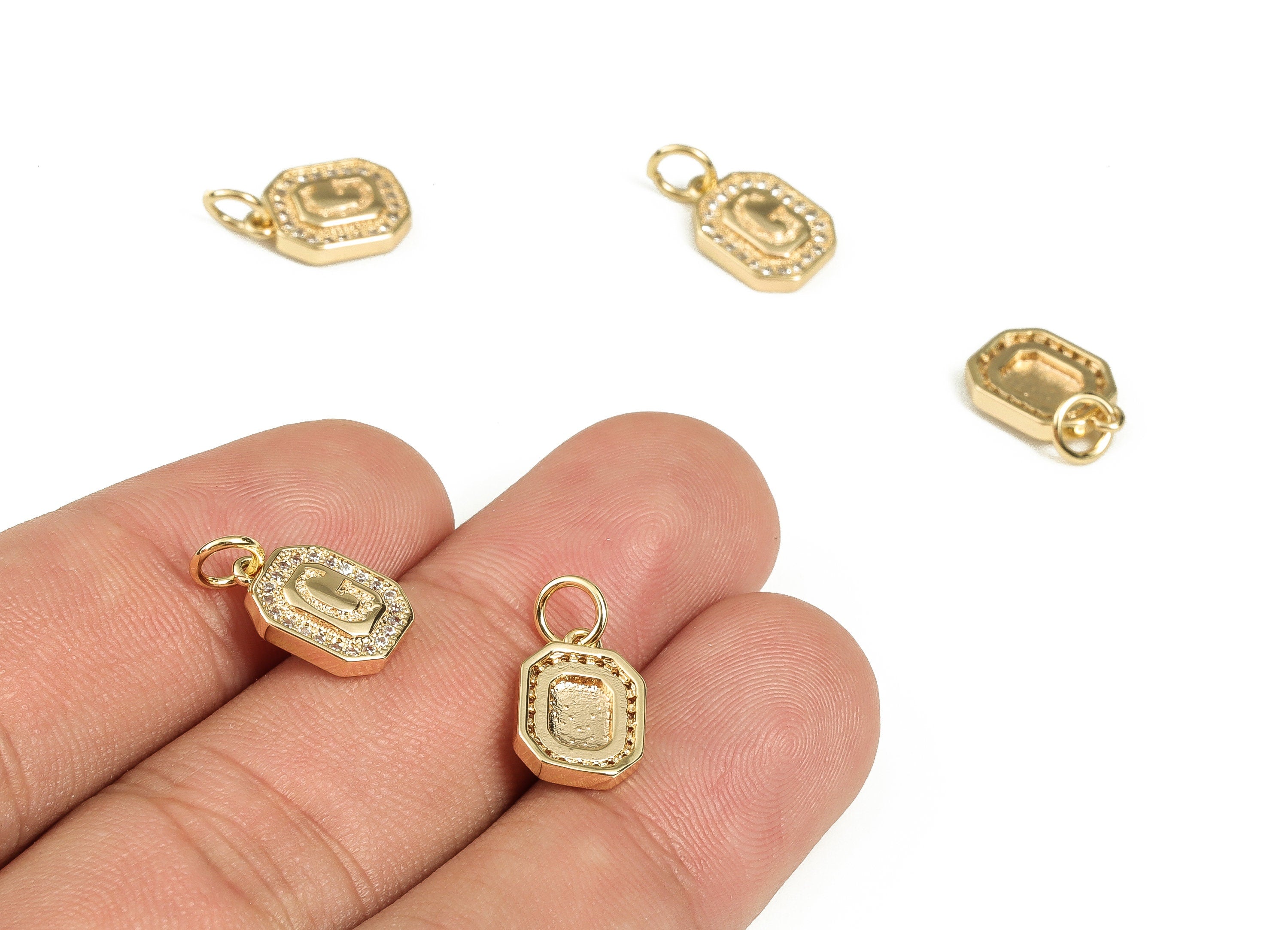 Brass Square Letter G Earring Charms with Zircons – Initial G Gold Alphabet Pendant – 18K Real Gold Plated Brass -12x8.55x2.37mm-RGP3595G - DOMEDBAZAAR