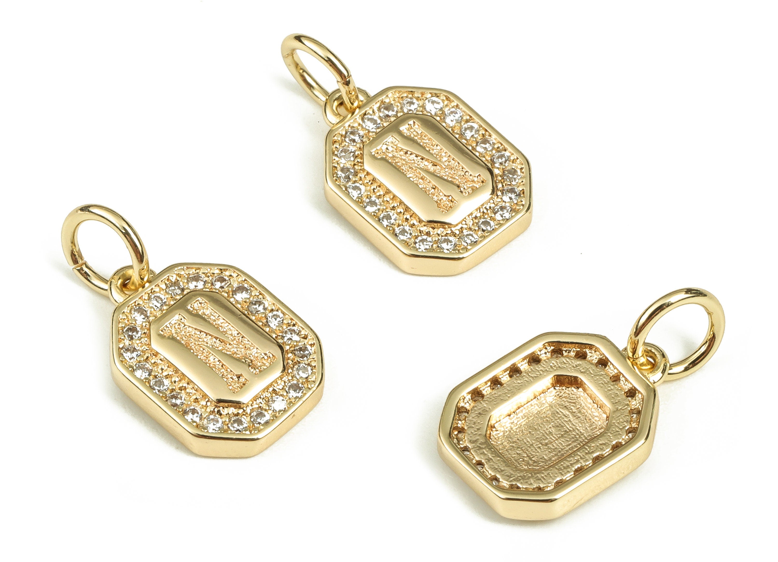 Brass Square Letter N Earring Charms with Zircons – Initial N Gold Alphabet Pendant – 18K Real Gold Plated Brass -11.79x8.53x2.21mm-RGP3595N - DOMEDBAZAAR