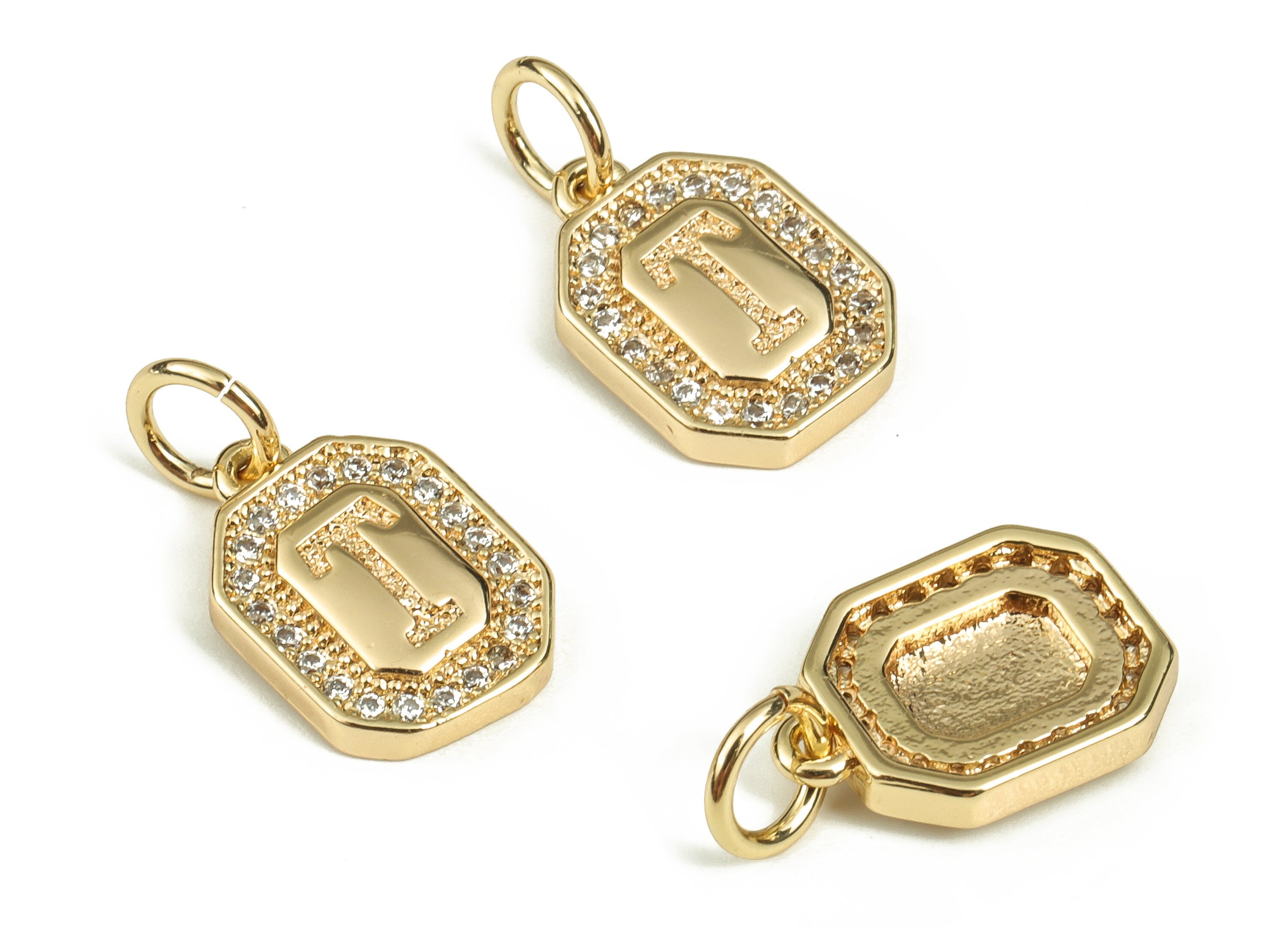 Brass Square Letter T Earring Charms with Zircons – Initial T Gold Alphabet Pendant – 18K Real Gold Plated Brass -12.18x8.5x2.33mm-RGP3595T - DOMEDBAZAAR
