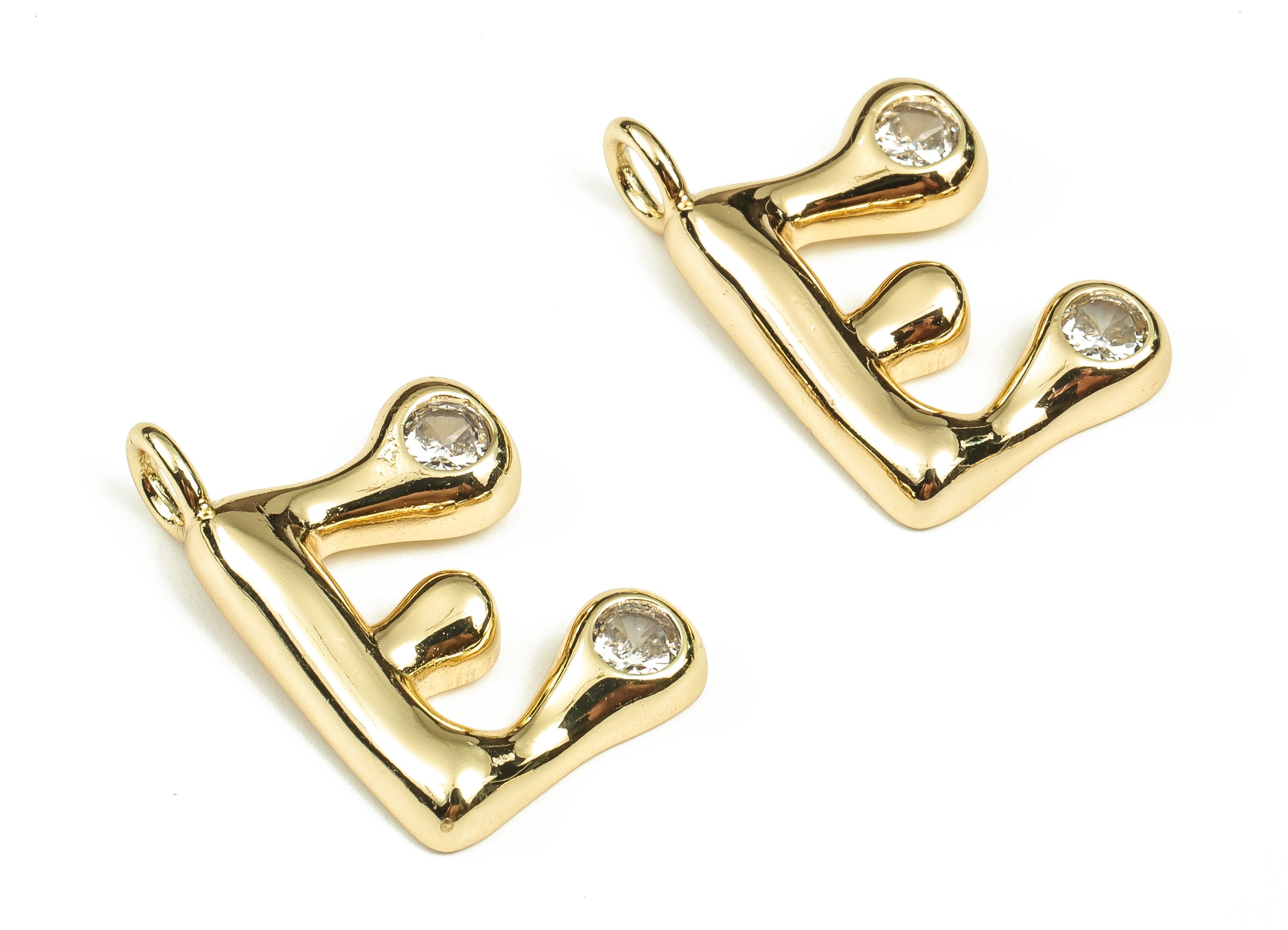 Brass Alphabet E Earring Charms with Zircons - E Initial Charm -The Letter E Pendant - 18K Gold Plated Brass - 25.10x15.60x3.84mm - RGP3668E - DOMEDBAZAAR