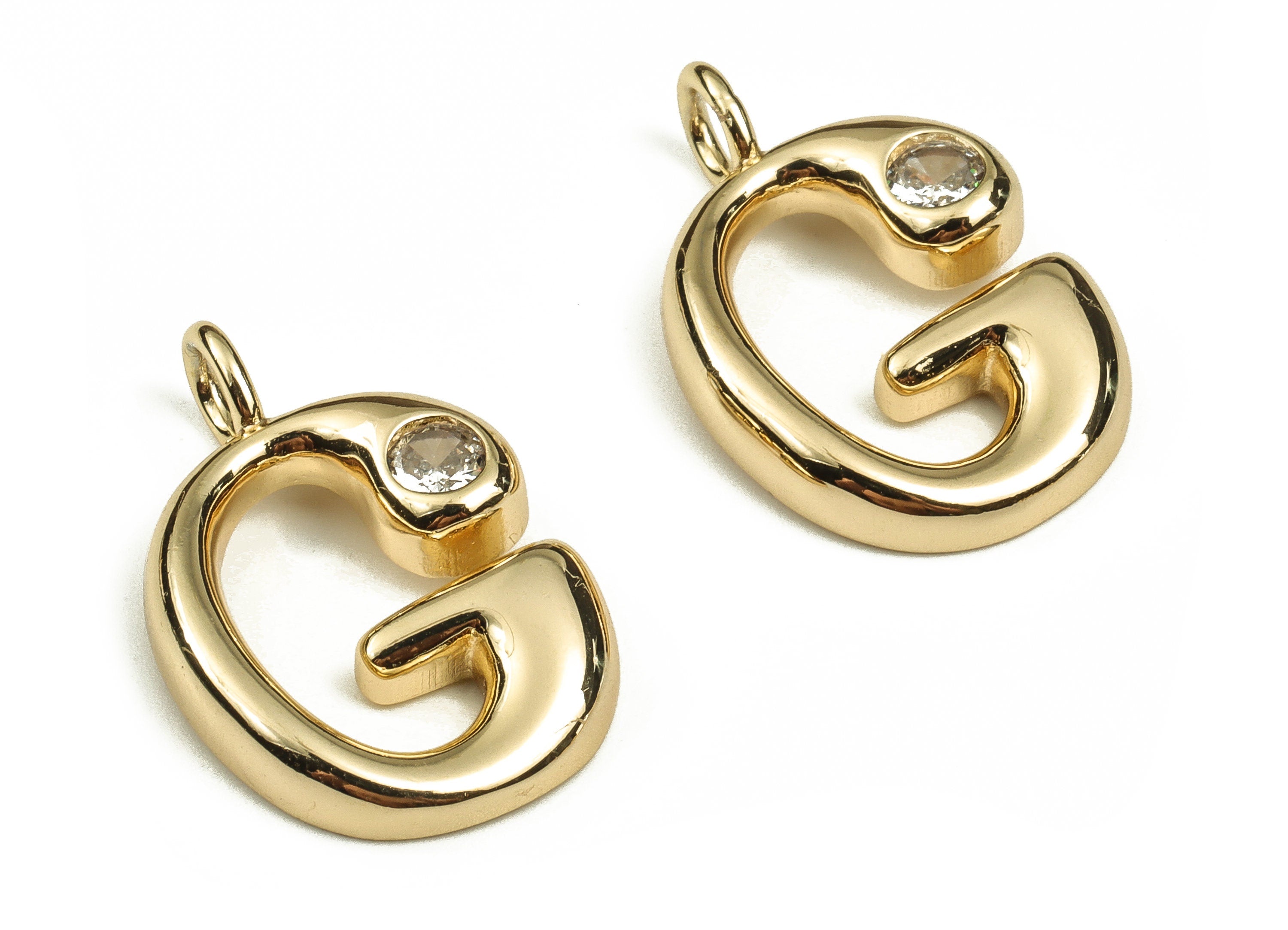 Brass Alphabet Letter Earring Charms with Zircons - Initial Charm -The letter G Charm - 18K Gold Plated Brass -25.03x16.31x3.79mm- RGP3668G - DOMEDBAZAAR