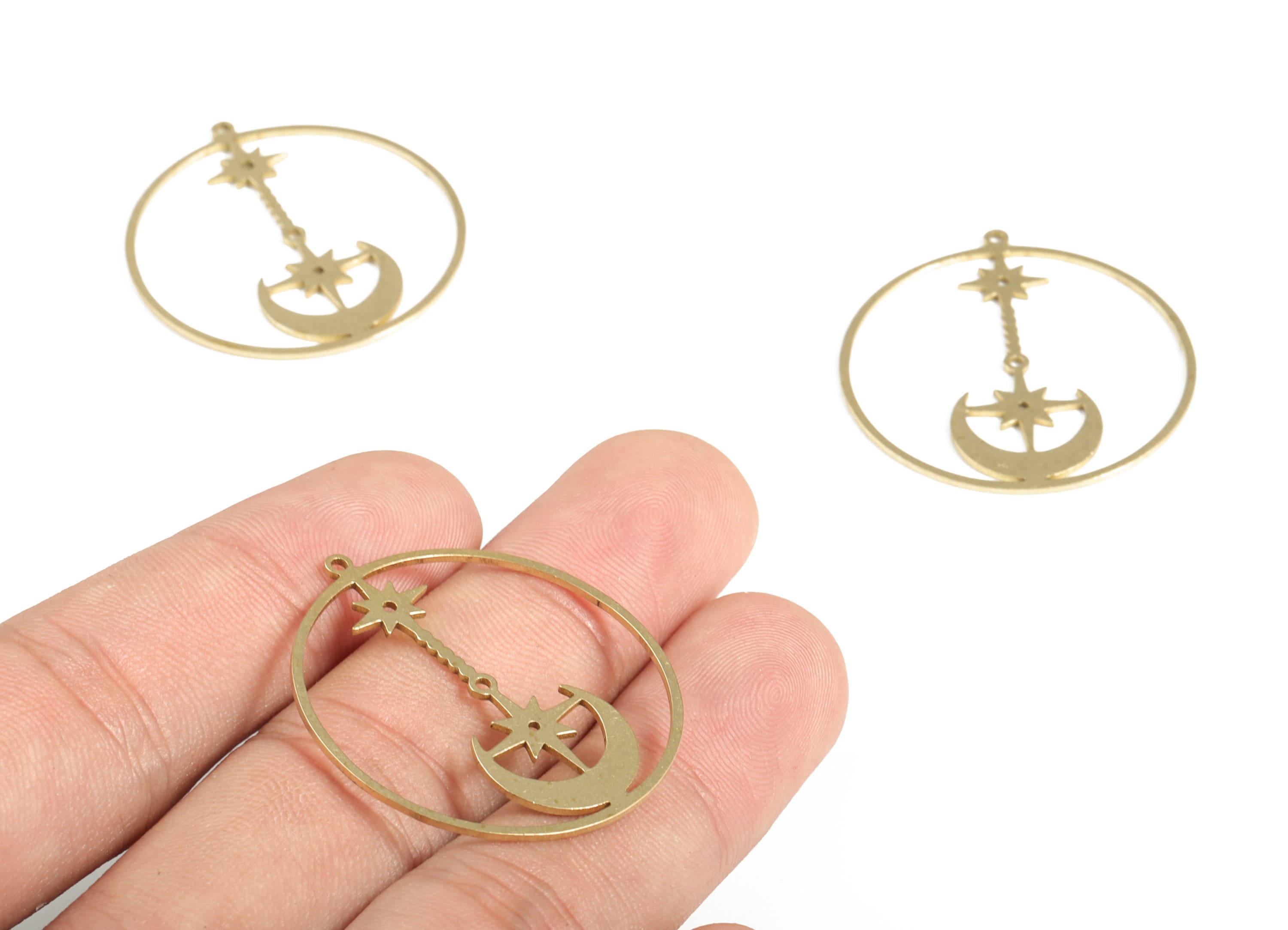 Raw Brass Moon Star Earring - Brass Circle Pendant - Brass Pendant -Earring Findings - Jewelry Making Supplies - 34.22x31.84x0.79mm - PP4157 - DOMEDBAZAAR