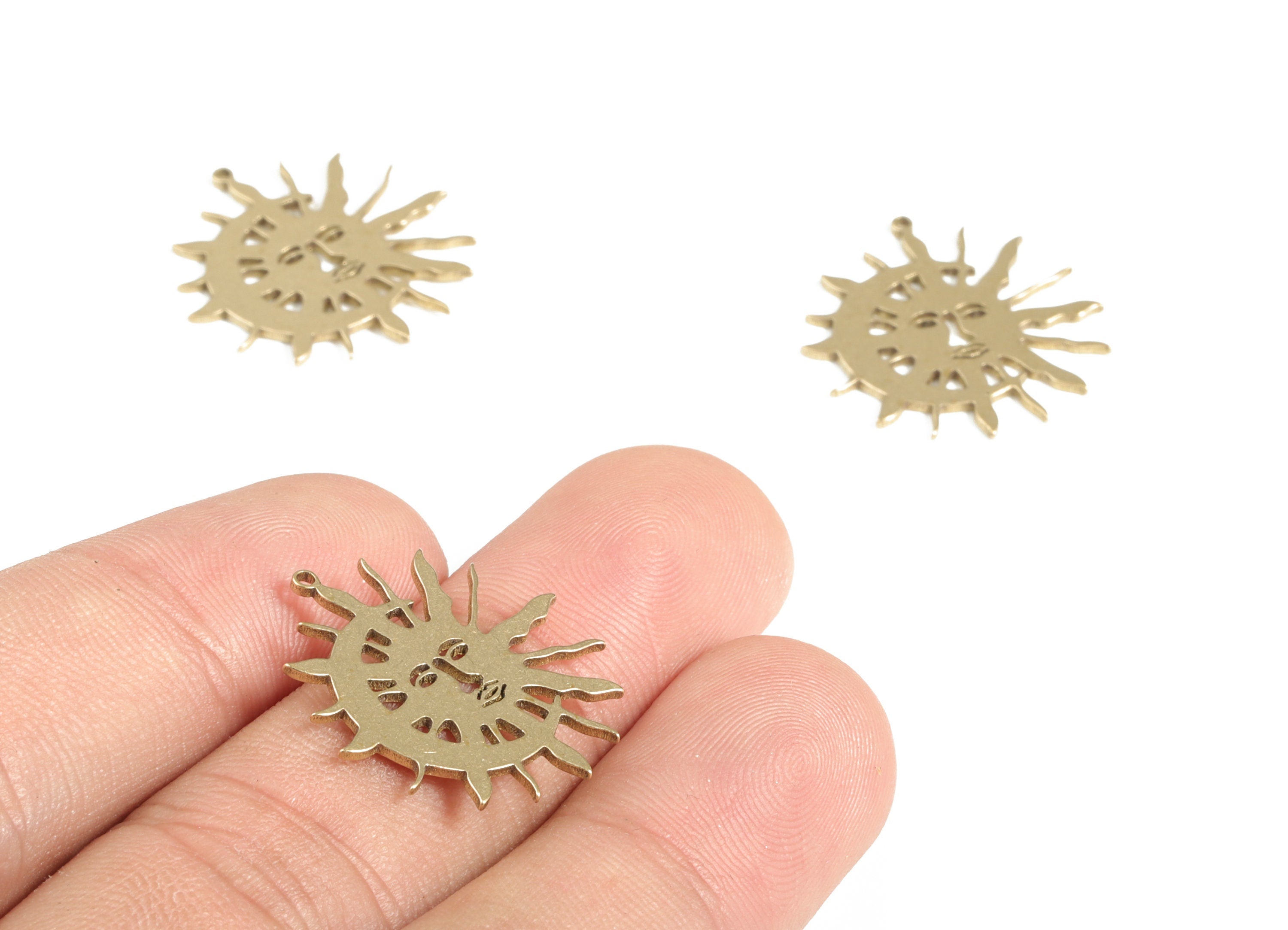 Brass Sun Star Face Pendants - Raw Brass Crescent Moon Charms - Brass Face Pendants - Jewelry Making Supplies -22.73x21.01x0.8mm - PP4165 - DOMEDBAZAAR