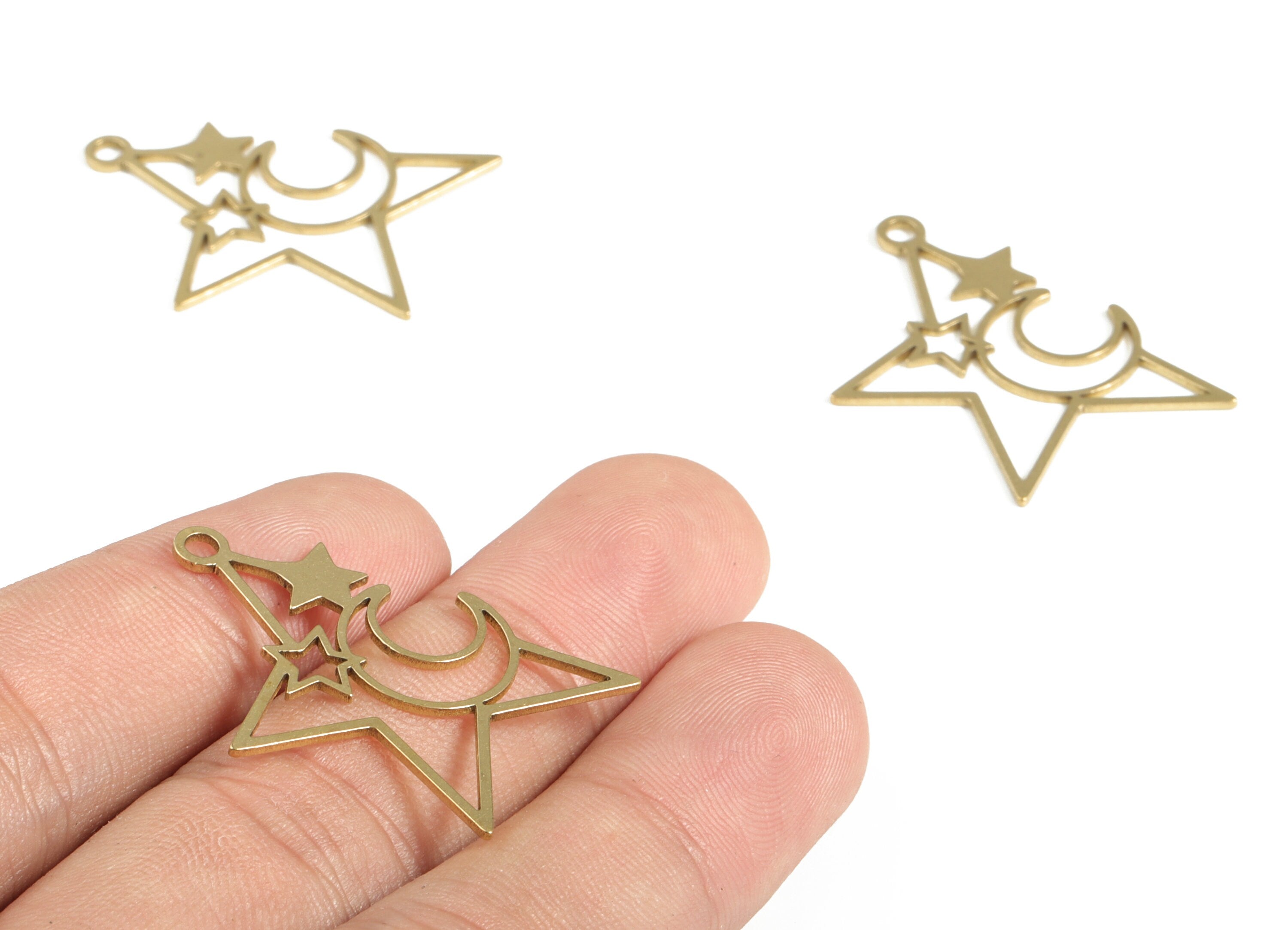 Brass Half Star Pendant Charm – Raw Brass Moon Star Earring Charms - Earring Findings – DIY Jewelry Supplies - 32.48x22.05x0.72mm - PP4171 - DOMEDBAZAAR