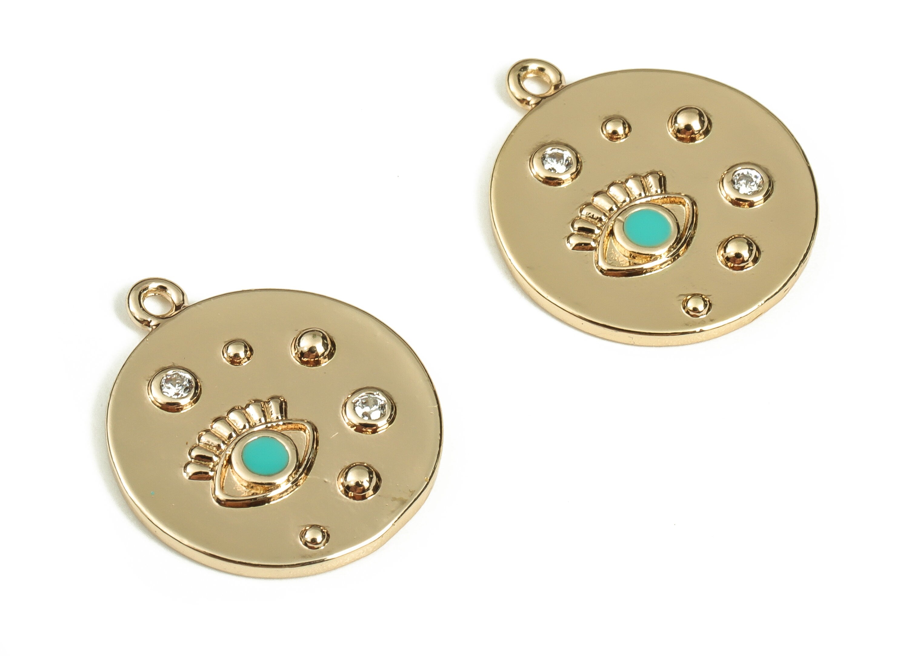 Brass Round Earring Charms With Zircons - Gold Eye Pendant - 18K Real Gold Plated Brass - Jewelry Supplies - 16.5x14.25x1.7mm - RGP3521D - DOMEDBAZAAR