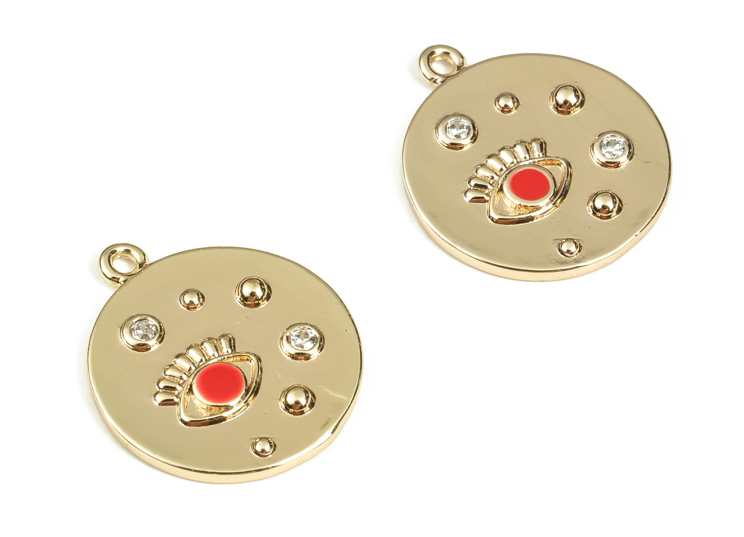 Brass Round Earring Charms With Zircons - Gold Eye Pendant - 18K Real Gold Plated Brass - Jewelry Supplies - 16.5x14.25x1.7mm - RGP3521E - DOMEDBAZAAR