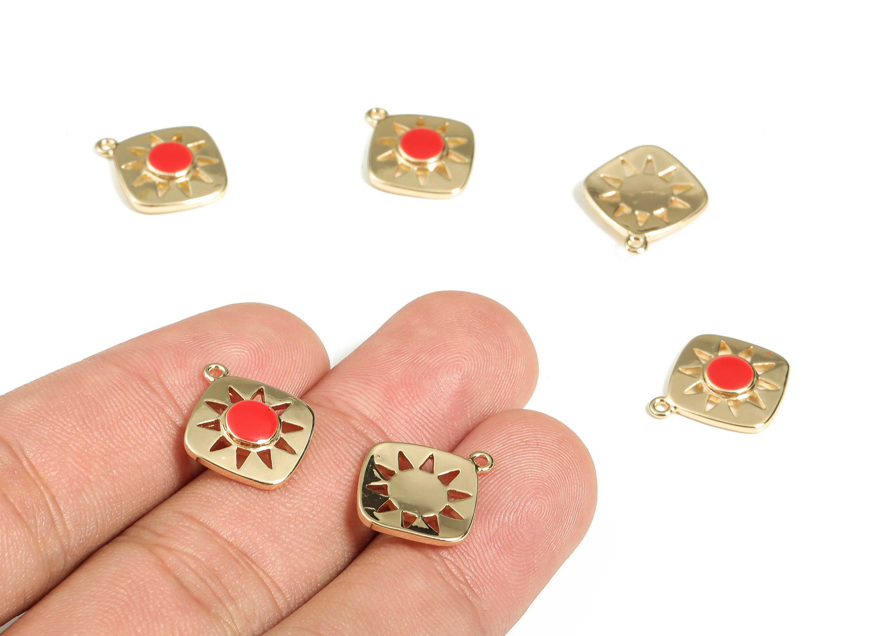 Brass Square Earring Charms - Gold Sun Pendant Charm - Enamel Charms - 18K Gold Plated Brass - Jewelry Supplies -16.5x14.2x2.6mm- RGP3528D - DOMEDBAZAAR