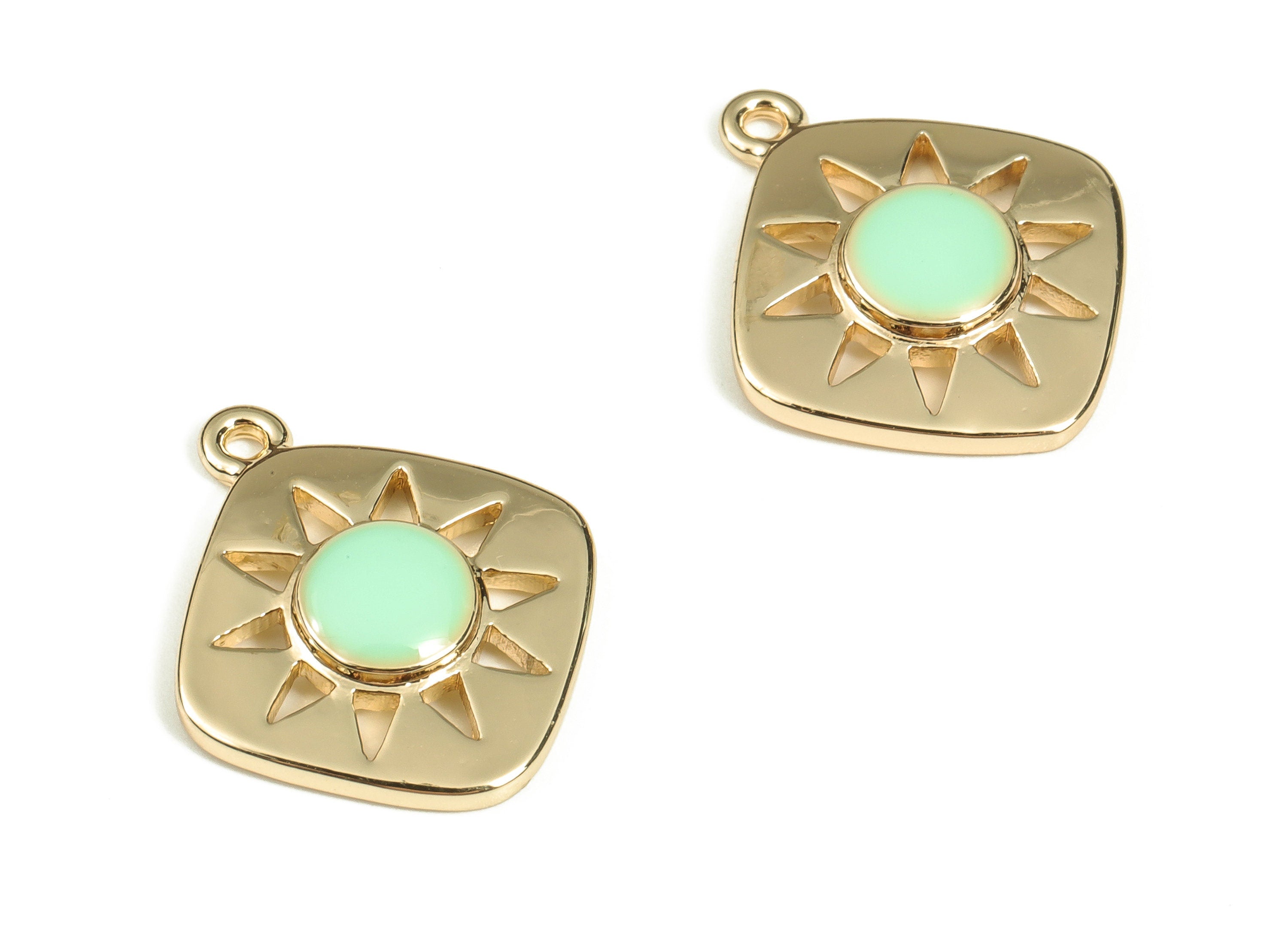 Brass Square Earring Charms - Gold Sun Pendant Charm - Enamel Charms - 18K Gold Plated Brass - Jewelry Supplies -16.5x14.2x2.6mm- RGP3528H - DOMEDBAZAAR