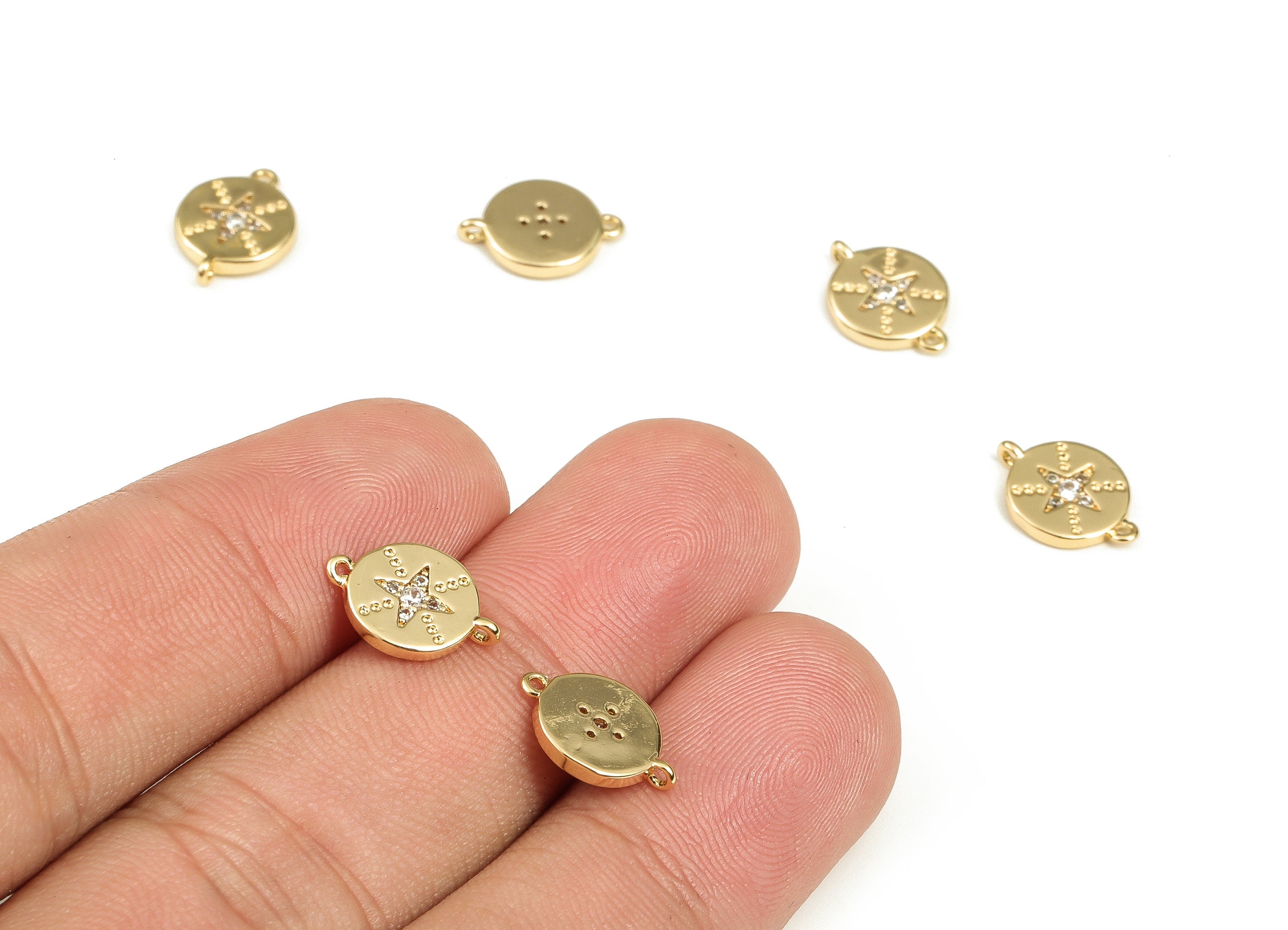 Brass Round Earring Connector With Zircons - Gold Star Pendant - 18K Real Gold Plated Brass - Jewelry Supplies - 12x8.66x1.59mm - RGP3490 - DOMEDBAZAAR