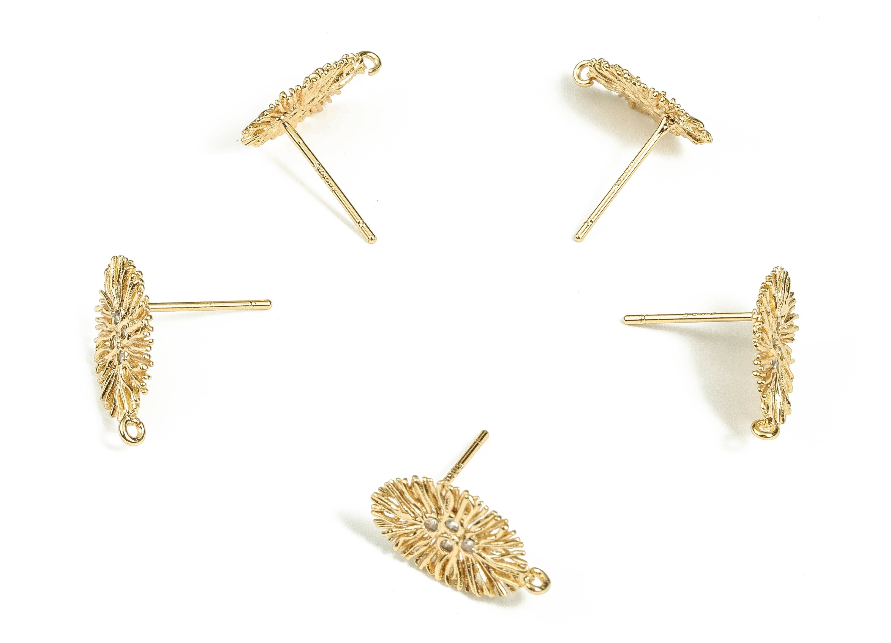 Brass Leaf Earring Stud With Zircons - Gold Leaf Earring Post - Stainless Steel Stud - 18K Real Gold Plated Brass – 15x8.5x1.1mm - RGP3500 - DOMEDBAZAAR