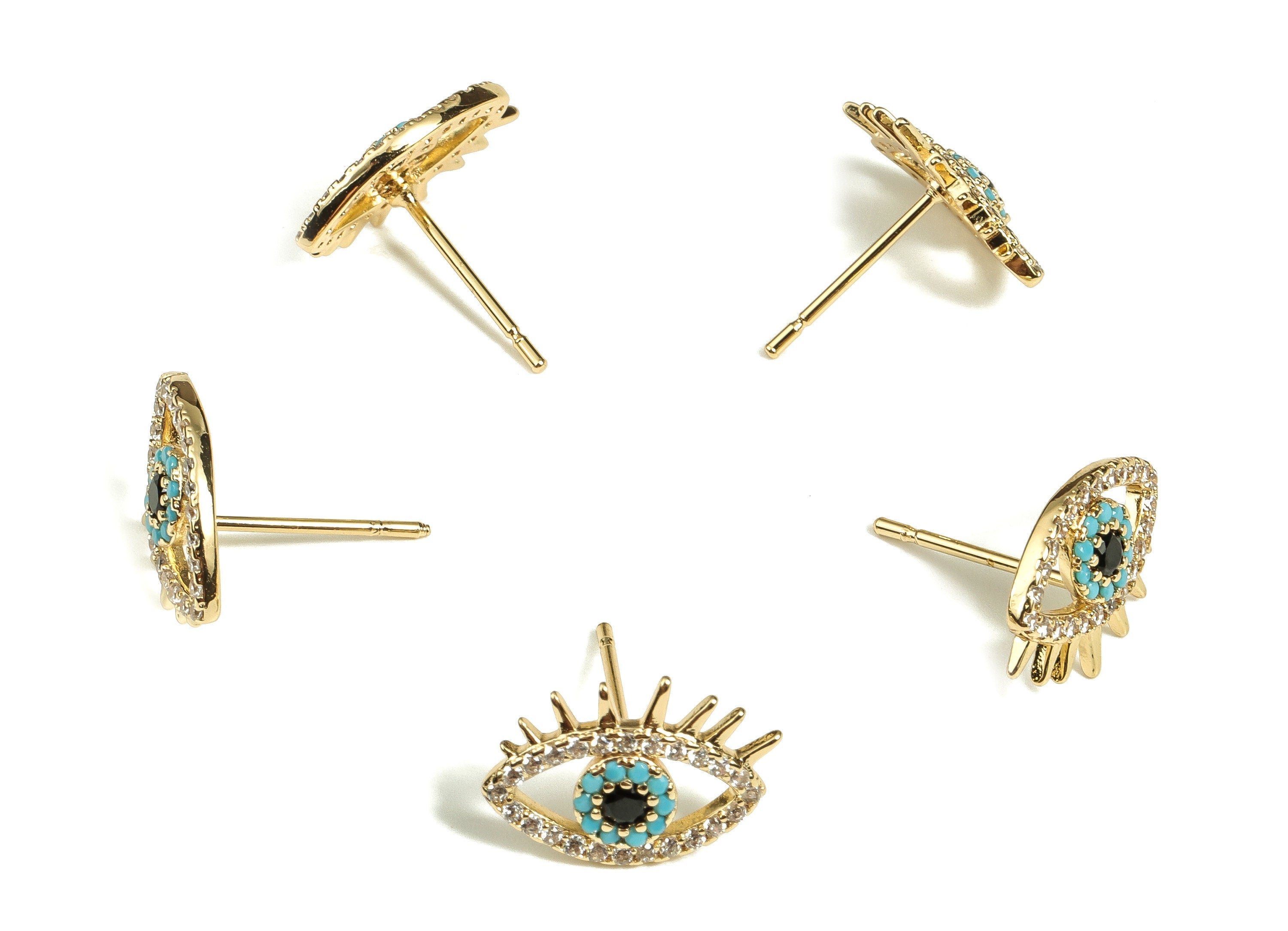 Brass Eye Earring Stud With Zircons - Gold Eye Earring Post - Stainless Steel Stud - 18K Real Gold Plated Brass – 14x9.5x2.23mm - RGP3501 - DOMEDBAZAAR