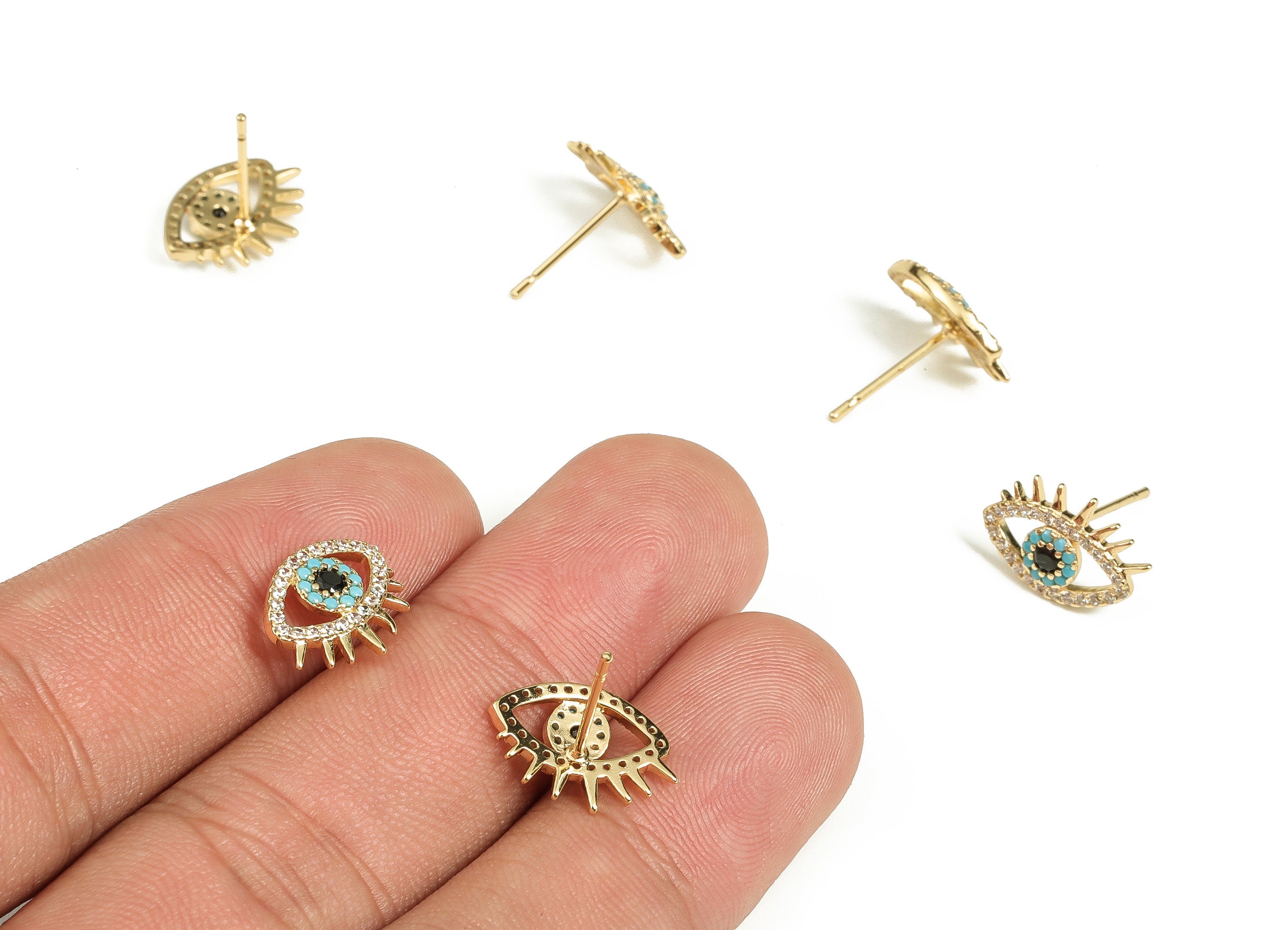 Brass Eye Earring Stud With Zircons - Gold Eye Earring Post - Stainless Steel Stud - 18K Real Gold Plated Brass – 14x9.5x2.23mm - RGP3501 - DOMEDBAZAAR