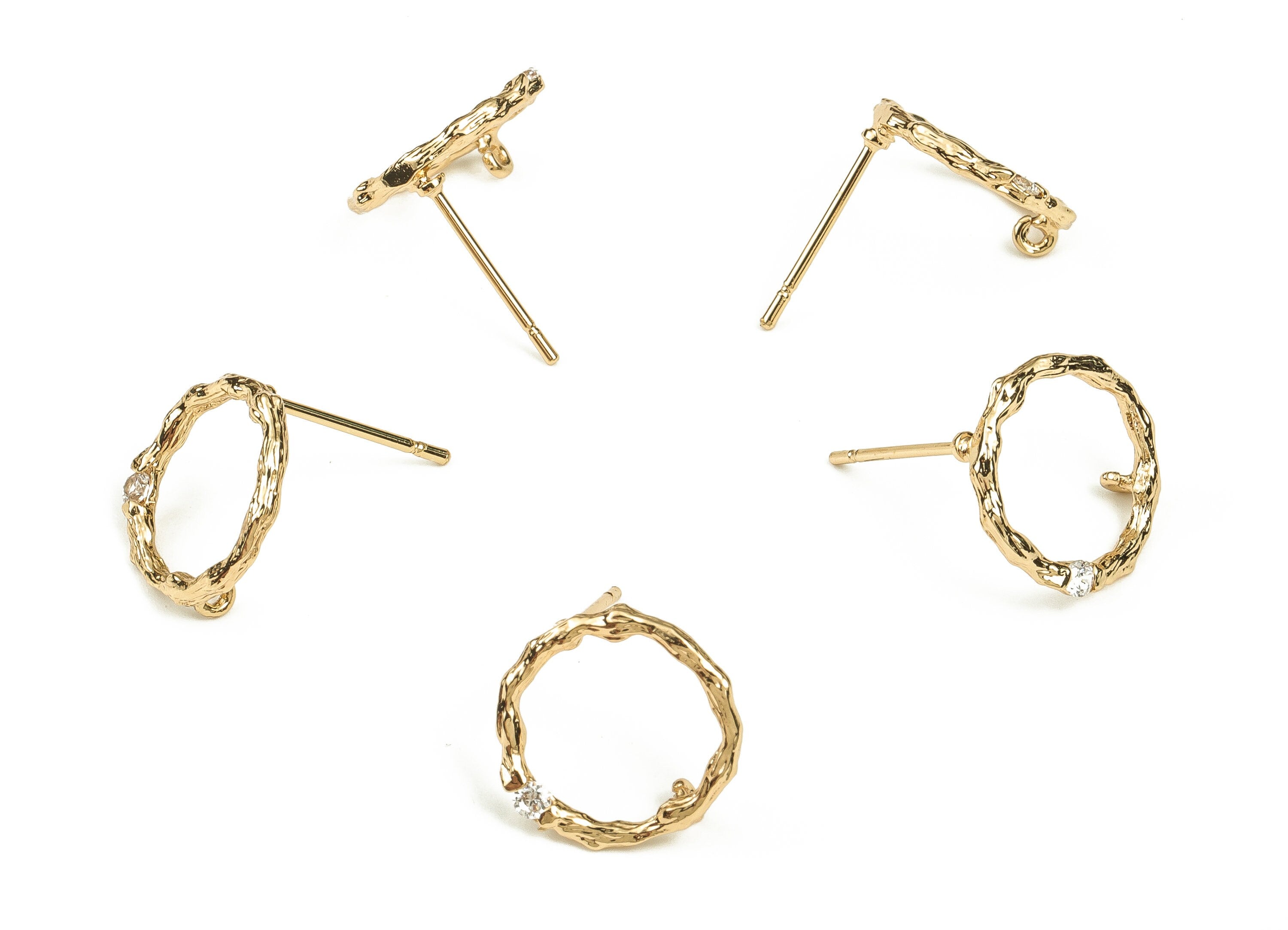 Brass Round Earrings Post with Zircons - Gold Circle Stud - 18K Real Gold Plated Brass - Stainless Steel Stud -13.91x11.92x1.78mm- RGP3702 - DOMEDBAZAAR