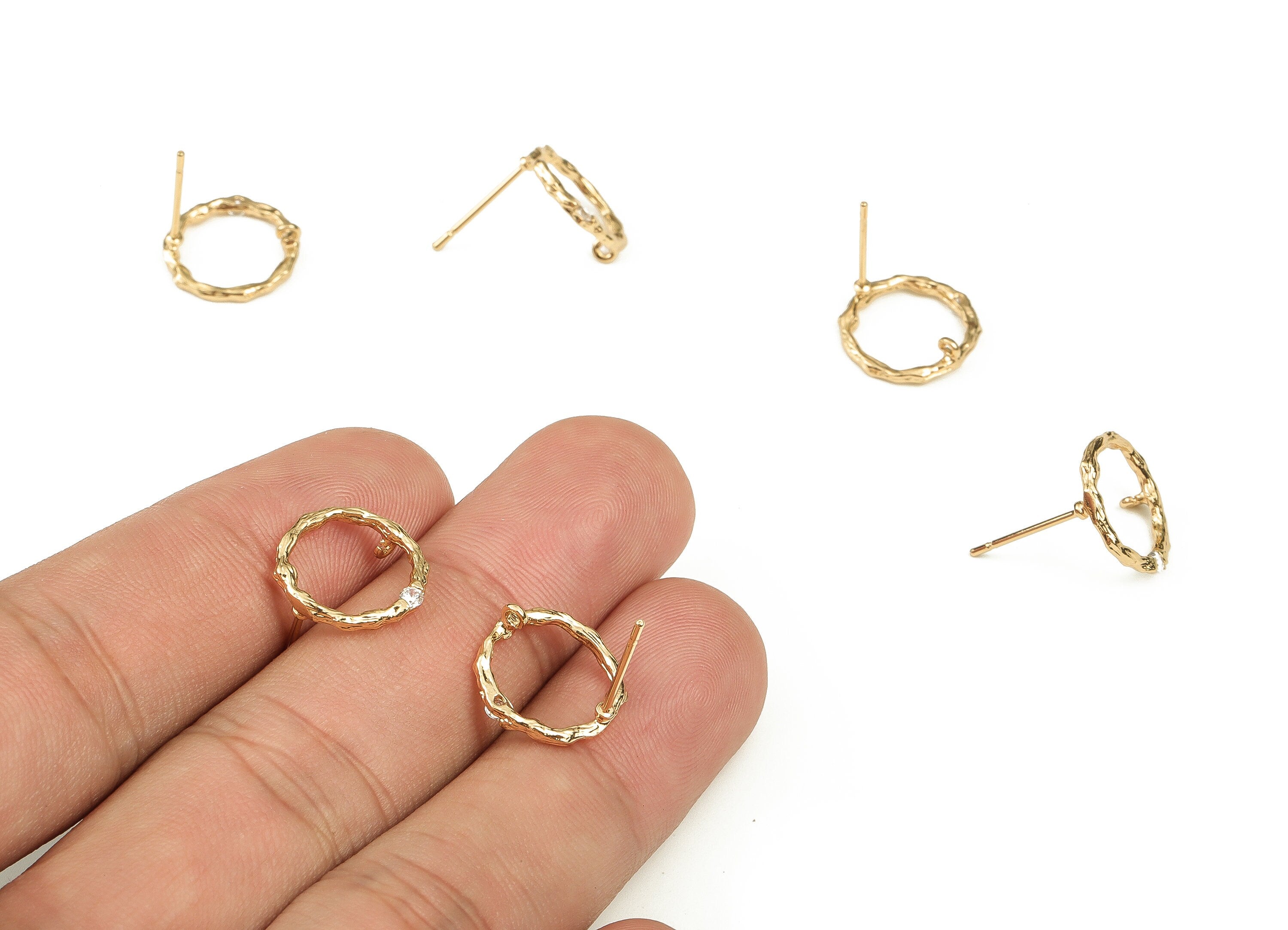 Brass Round Earrings Post with Zircons - Gold Circle Stud - 18K Real Gold Plated Brass - Stainless Steel Stud -13.91x11.92x1.78mm- RGP3702 - DOMEDBAZAAR