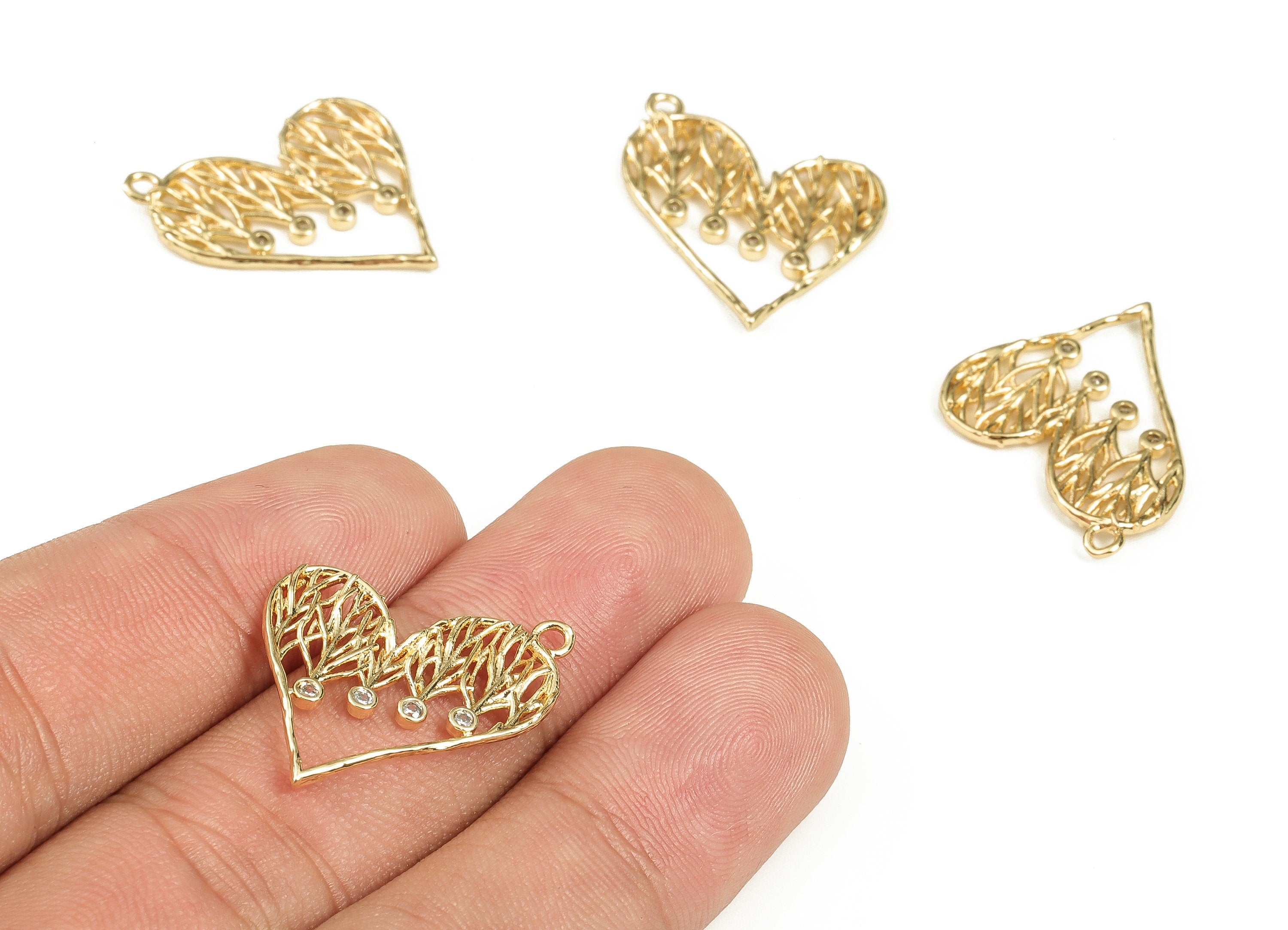 Brass Heart Earring Charms With Zircons - Gold Hollow out Pendant - 18K Real Gold Plated Brass - Jewelry Supplies - 24.5x21x1.7mm- RGP3454 - DOMEDBAZAAR