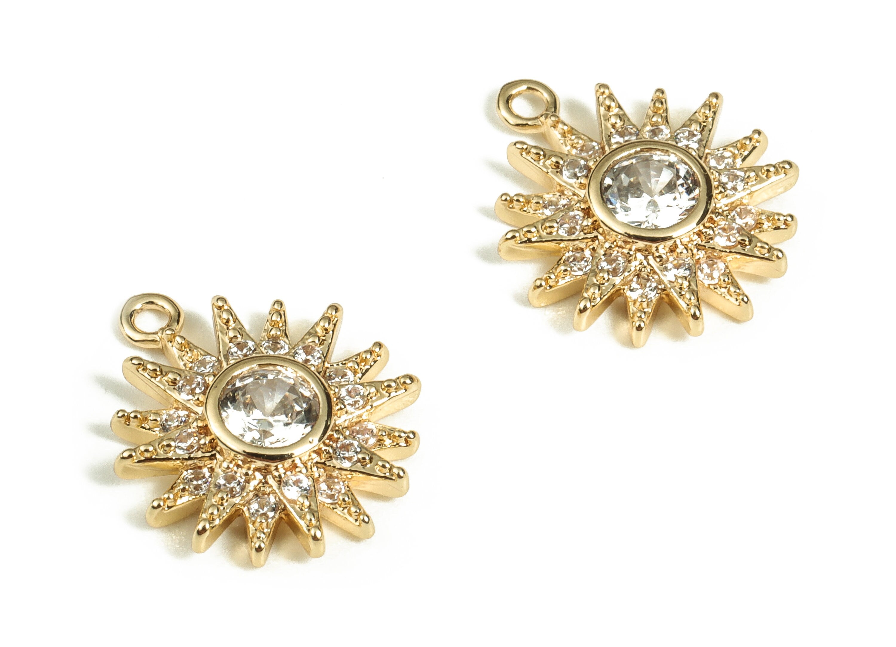 Brass Sun Earring Charms With Zircons - Gold Sun Pendant - 18K Real Gold Plated Brass - Jewelry Making Supplies - 13.09x10.7x2.8mm - RGP3572 - DOMEDBAZAAR
