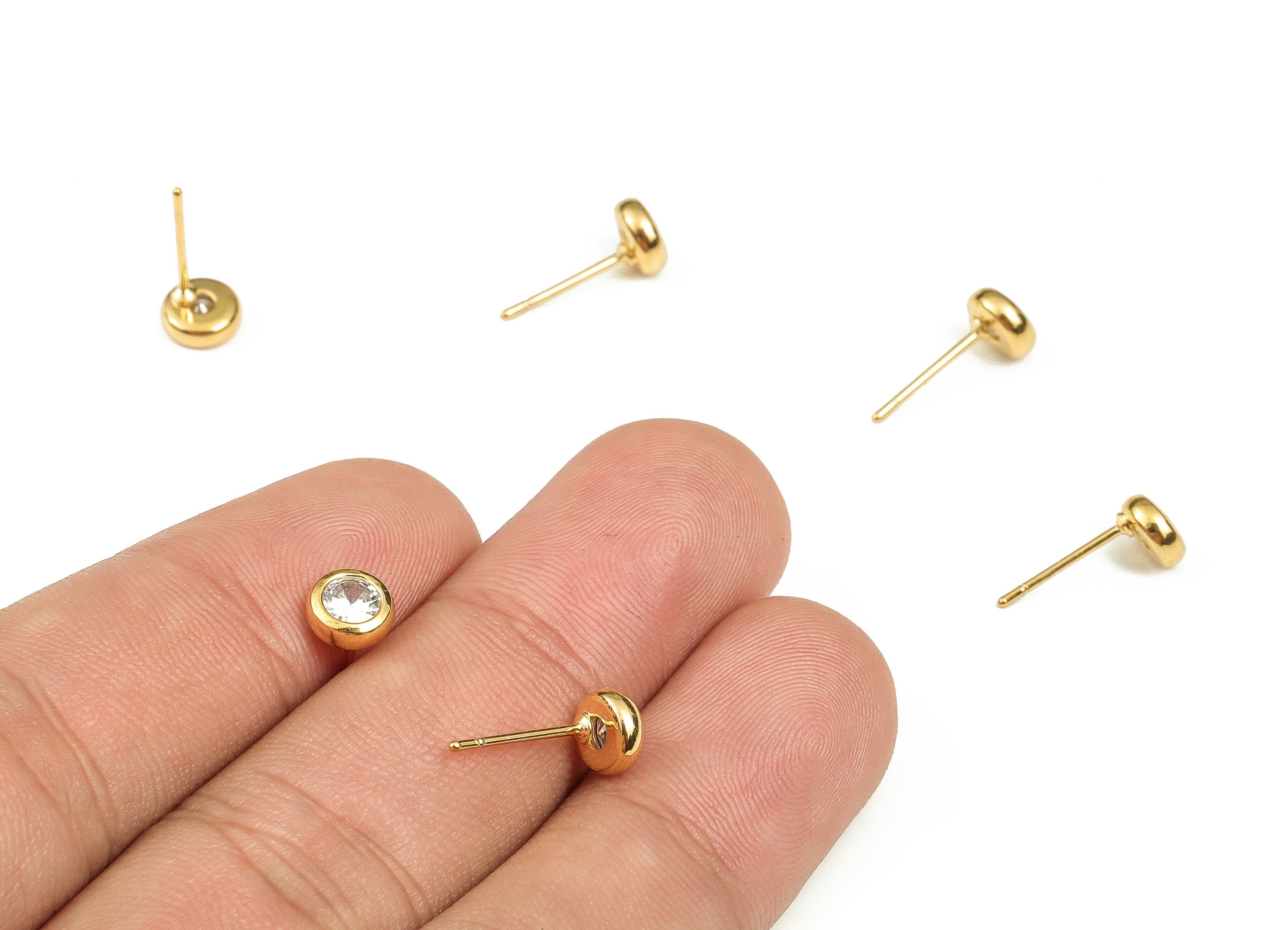 Brass Round Earring Stud With Zircon - Gold Circle Earring Post - Stainless Steel Stud- 18K Gold Plated Brass -6.08x6.08x3.26mm- RGP3706 - DOMEDBAZAAR