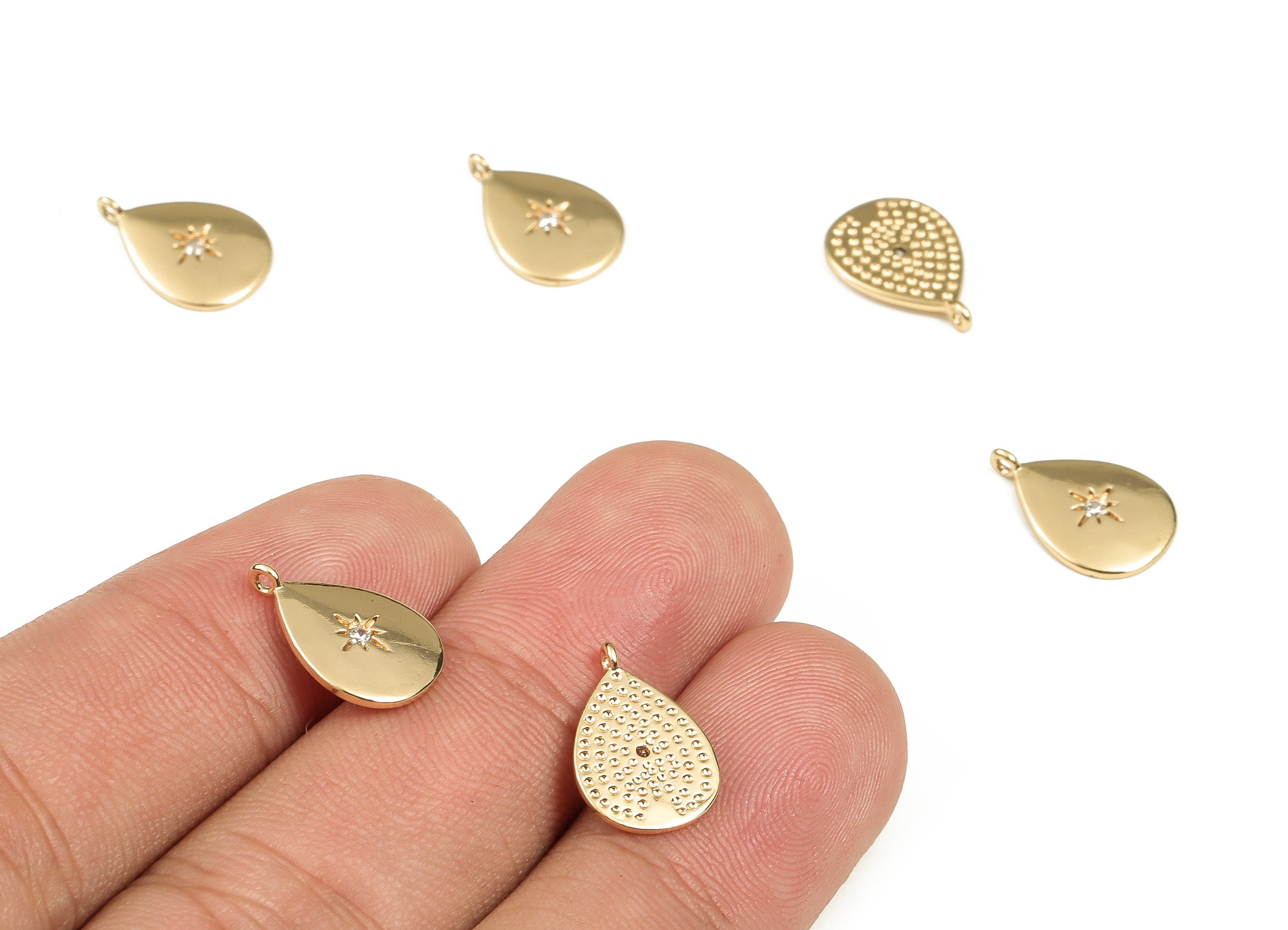 Brass Teardrop Earring Charms With Zircon - Gold Star Pendant - 18K Real Gold Plated Brass - Jewelry Supplies - 14.28x9.55x1.29mm- RGP3376 - DOMEDBAZAAR