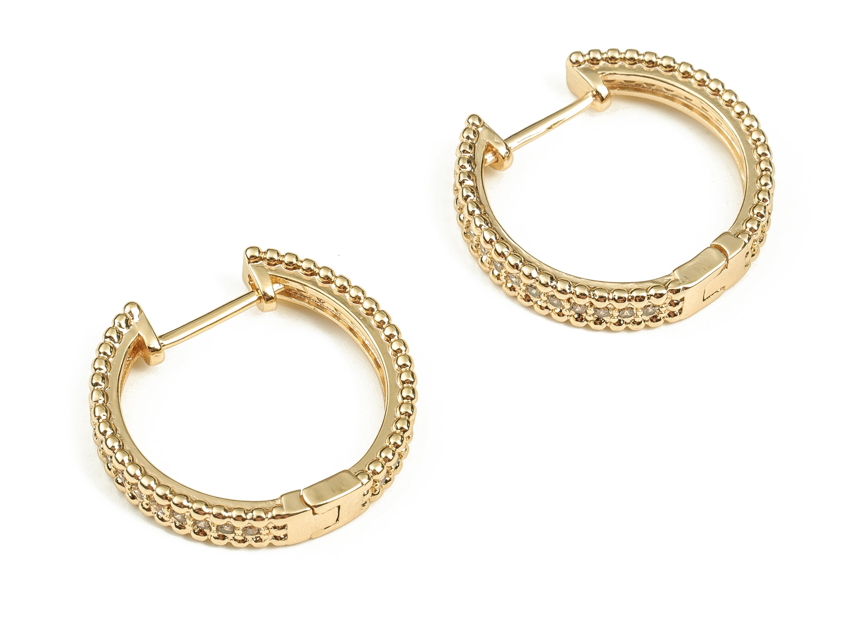 Brass Round Huggie Hoop Earrings - Zircon Hoop Earrings - Brass Stud Earring - 18K Real Gold Plated Brass Studs -23.28x21.95x4.25mm- RGP3574 - DOMEDBAZAAR