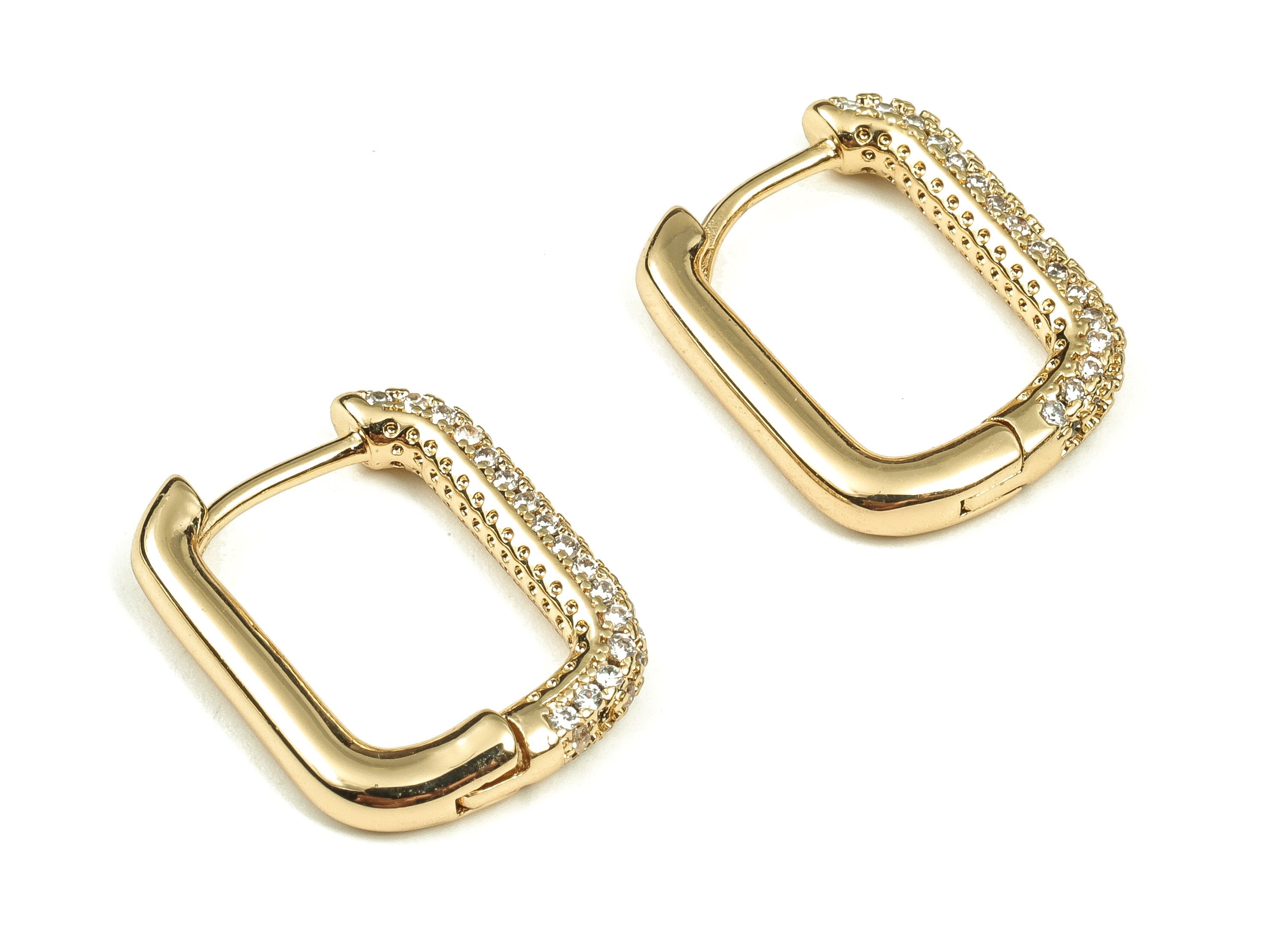 Brass Rectangle Hoop Earrings - Huggie Hoop Earrings with Zircons - Dainty Hoop Earrings - 18k Gold Plated Brass -17.21x13.41x2.7mm- RGP3714 - DOMEDBAZAAR