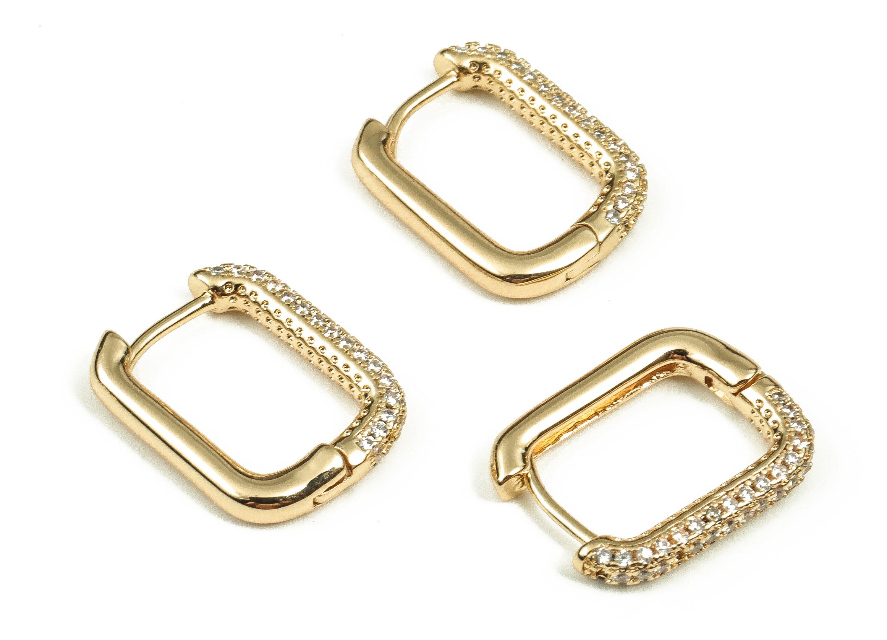 Brass Rectangle Hoop Earrings - Huggie Hoop Earrings with Zircons - Dainty Hoop Earrings - 18k Gold Plated Brass -17.21x13.41x2.7mm- RGP3714 - DOMEDBAZAAR
