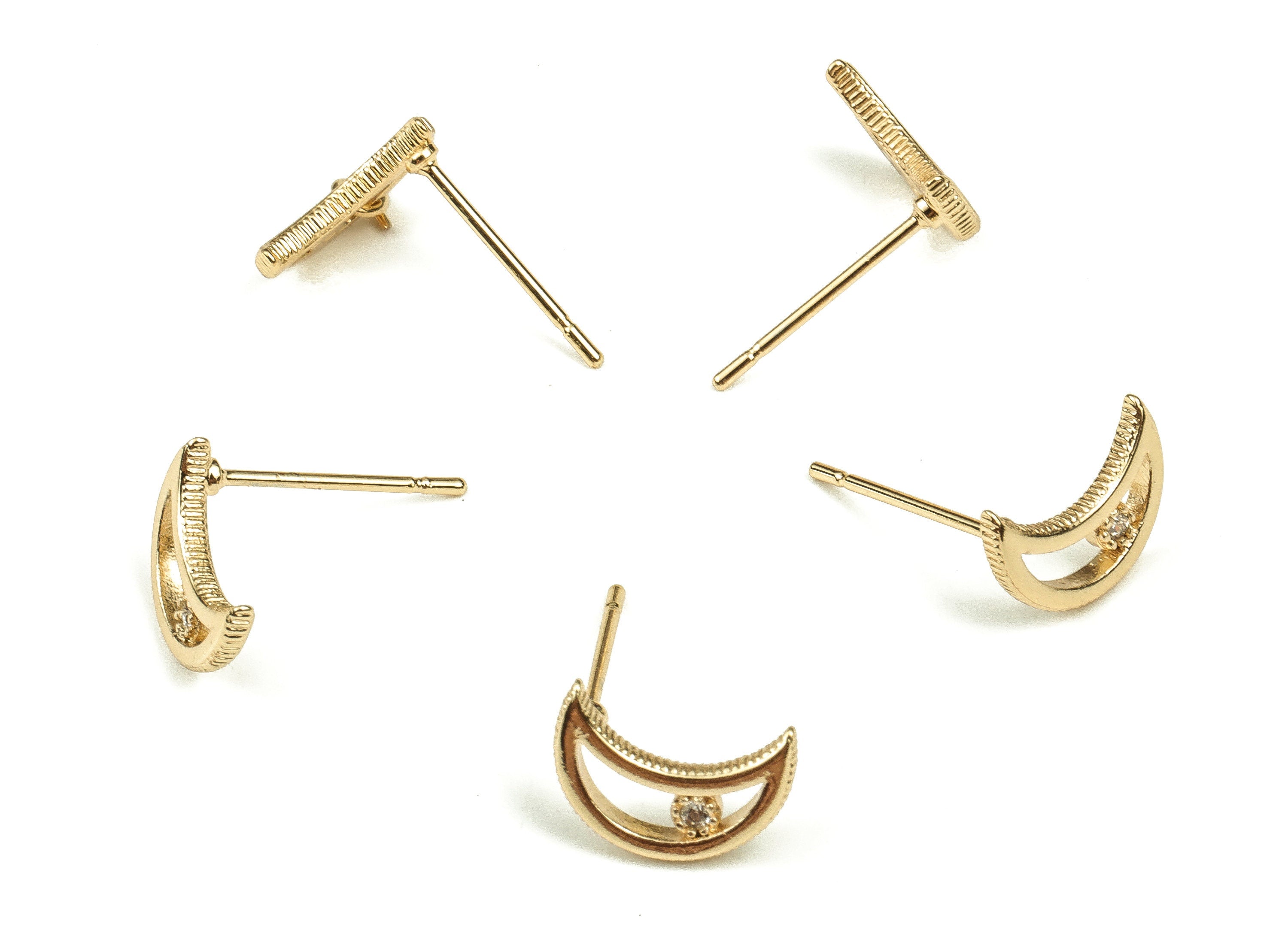 Brass Crescent Earring Post With Zircon - Gold Moon Earring Stud - 18K Real Gold Plated Brass - Stainless Steel Stud - 10x7x1.5mm - RGP3710 - DOMEDBAZAAR
