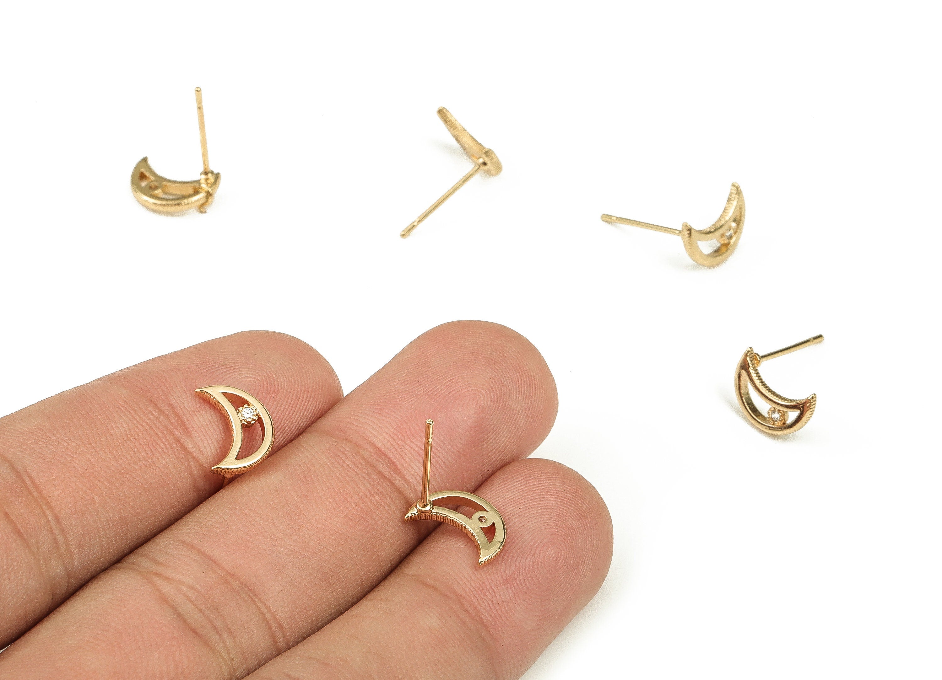 Brass Crescent Earring Post With Zircon - Gold Moon Earring Stud - 18K Real Gold Plated Brass - Stainless Steel Stud - 10x7x1.5mm - RGP3710 - DOMEDBAZAAR