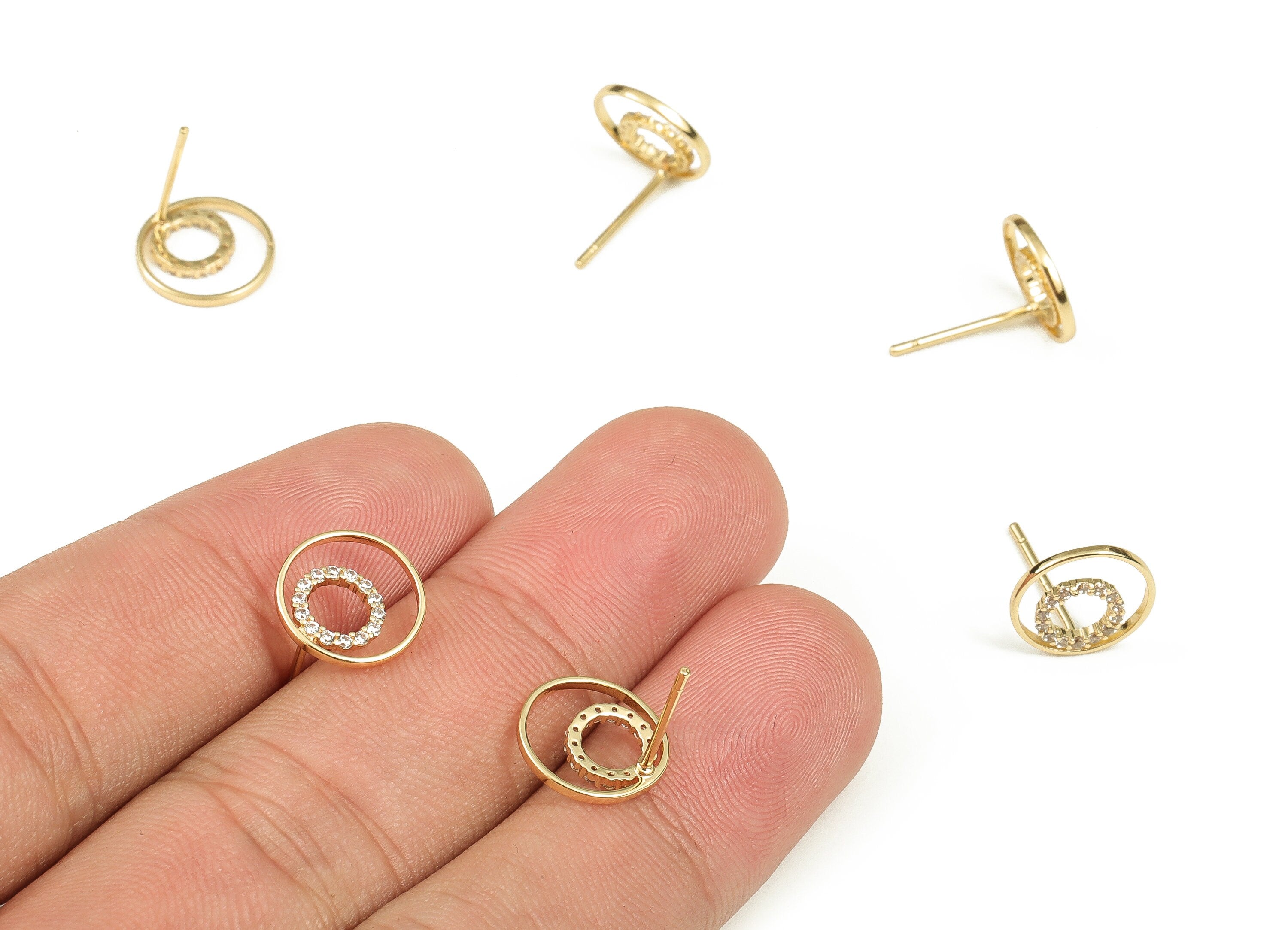 Brass Round Earring Stud With Zircons - Gold Circle Post - Stainless Steel Stud - 18K Real Gold Plated Brass – 10.98x10.77x1.76mm - RGP3703 - DOMEDBAZAAR