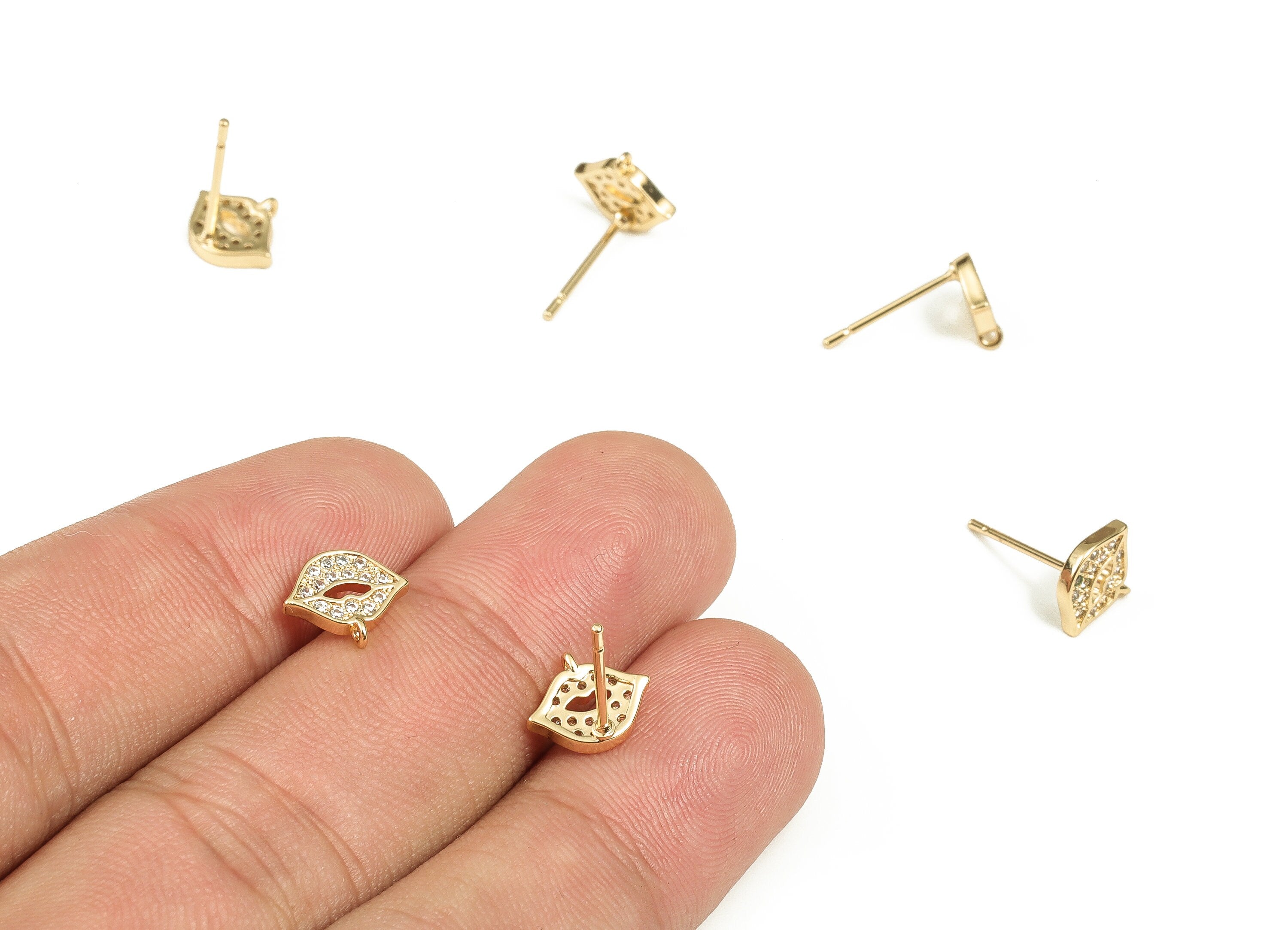 Brass Lips Earring Stud With Zircons - Gold Lips Earring Post - Stainless Steel Stud - 18K Real Gold Plated Brass -7.86x9.25x1.51mm- RGP3701 - DOMEDBAZAAR