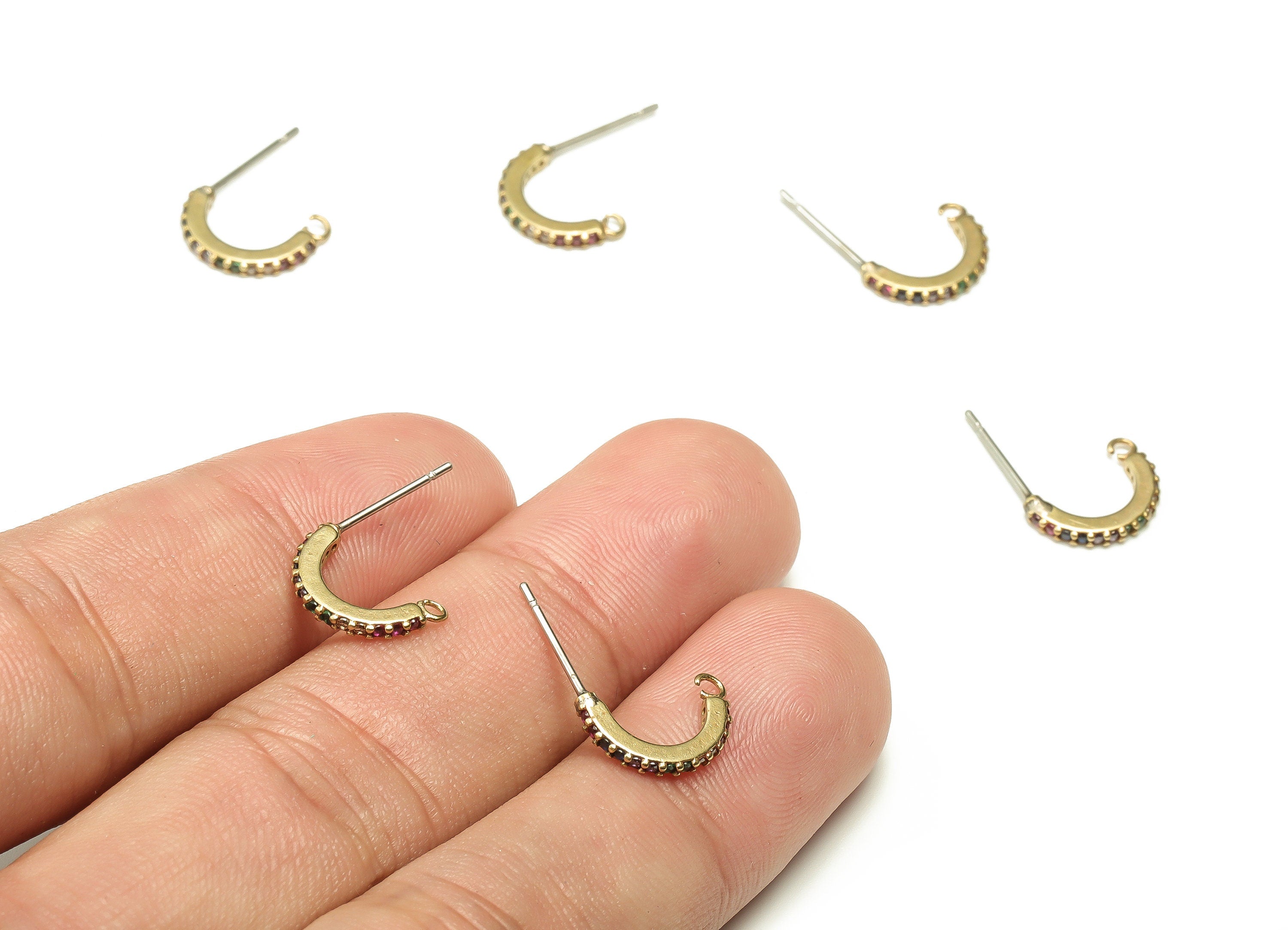 Brass C Earring Post With Zircon - Raw Brass C Stud - Earring Post - Stainless Steel Stud - Jewelry Supplies - 11.99x10.62x1.69mm - PP4453 - DOMEDBAZAAR