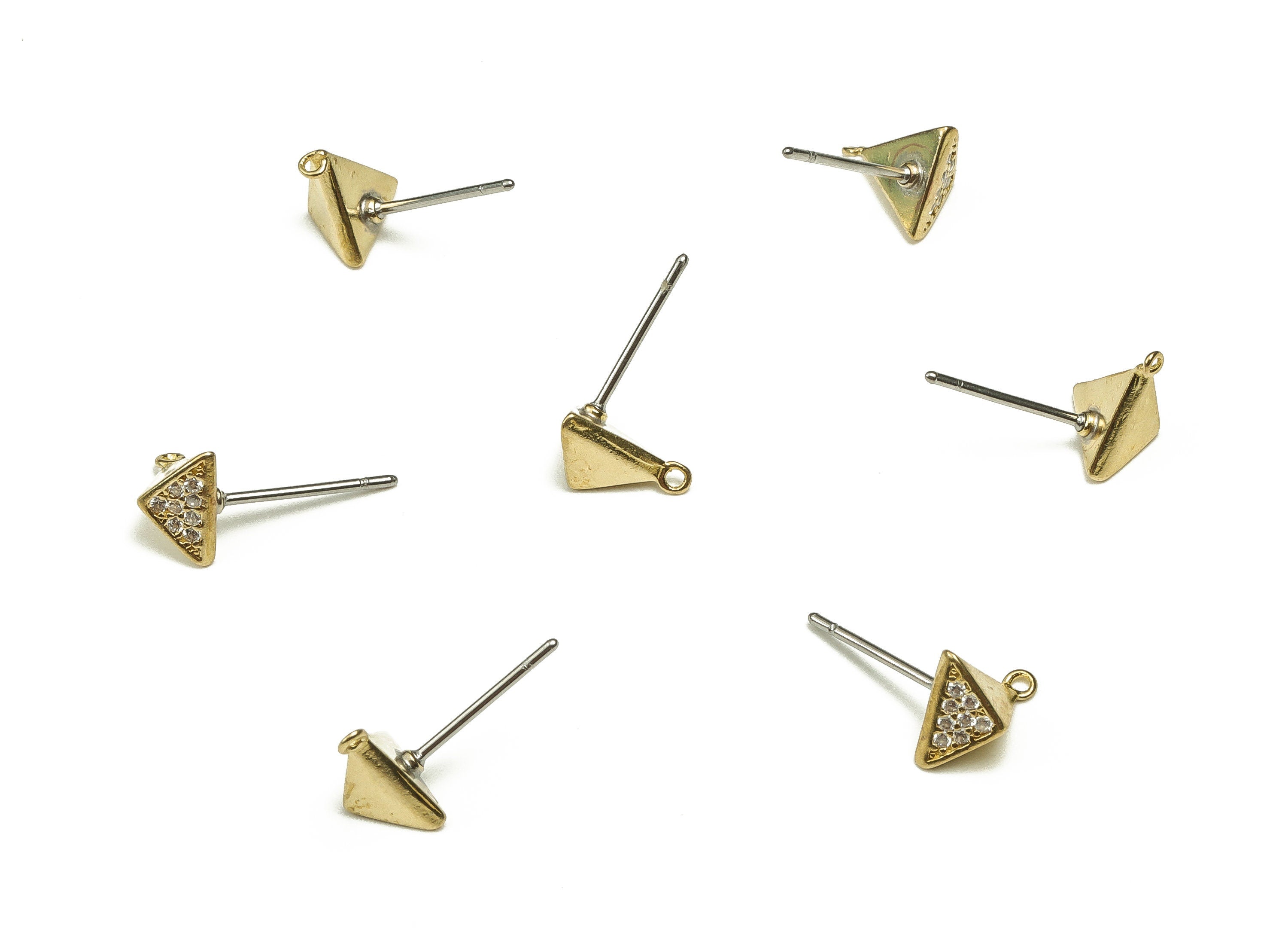 Brass Pyramid Earring Studs With Zircons - Raw Brass Triangle Earring Posts - Brass Stud - Jewelry Supplies - 8.34x7.4x5.25mm - PP4462 - DOMEDBAZAAR