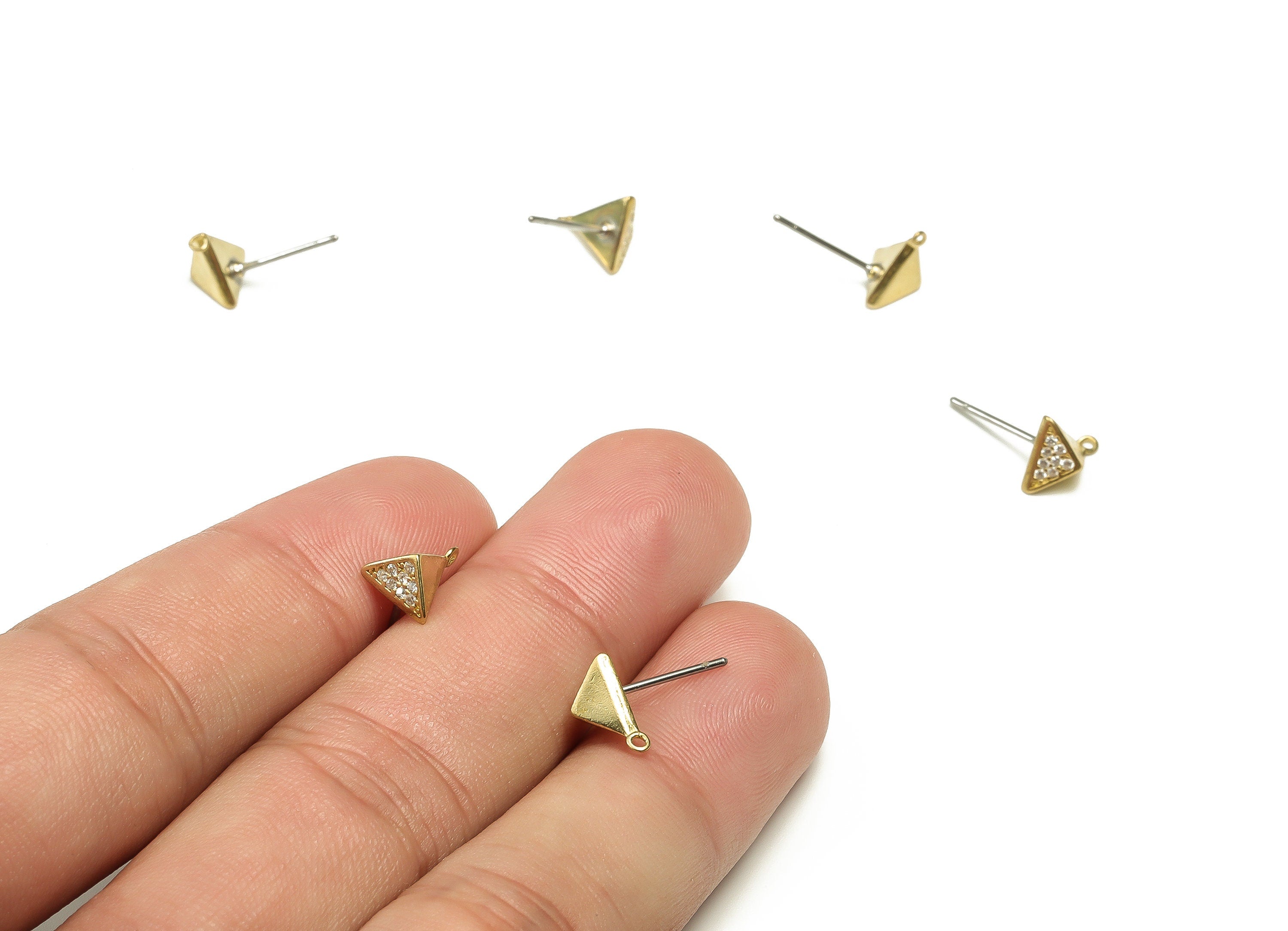 Brass Pyramid Earring Studs With Zircons - Raw Brass Triangle Earring Posts - Brass Stud - Jewelry Supplies - 8.34x7.4x5.25mm - PP4462 - DOMEDBAZAAR
