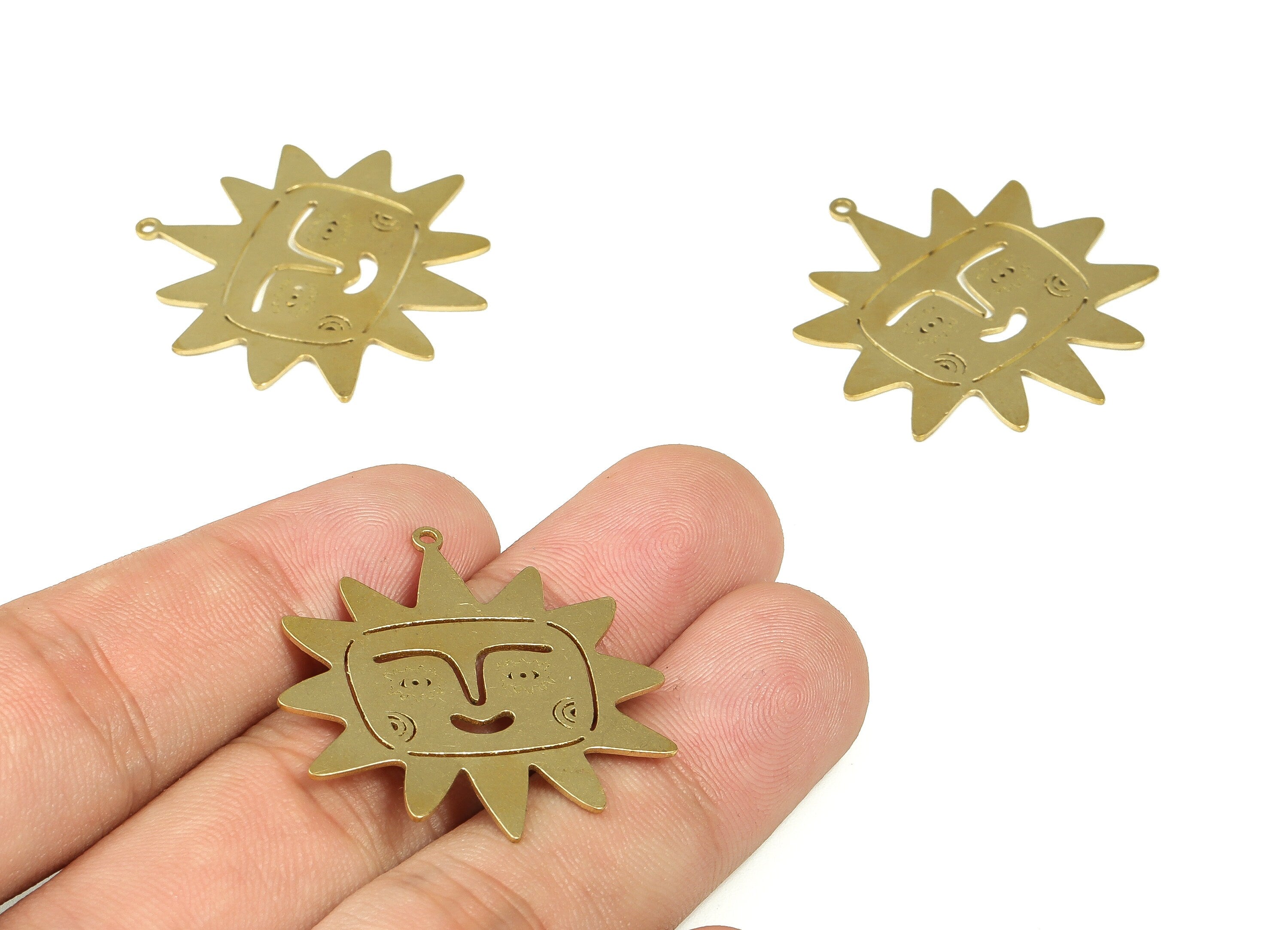 Raw Brass Sun Pendant Charm - Sun Face Earrings Charm - Celestial Sun Charms - Jewelry Making Supplies - 34.34x21.8x0.73mm - PP4311 - DOMEDBAZAAR