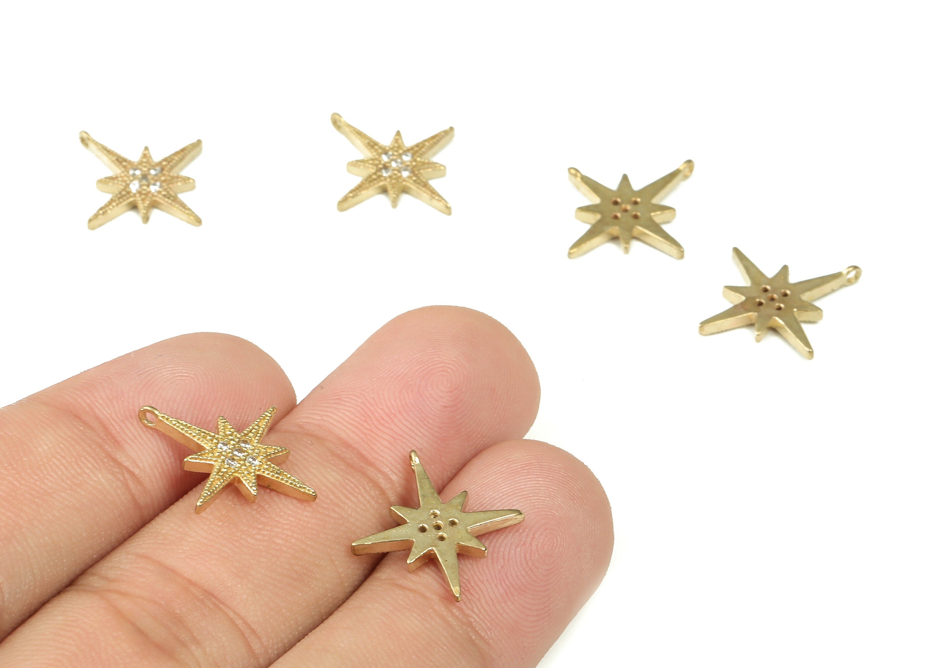 Raw Brass Starburst Charms – Dainty Star Charm - Brass Star Shaped Charms with Zircon - Jewelry Making Supplies - 17.72x15.66x1.92mm- PP4392 - DOMEDBAZAAR