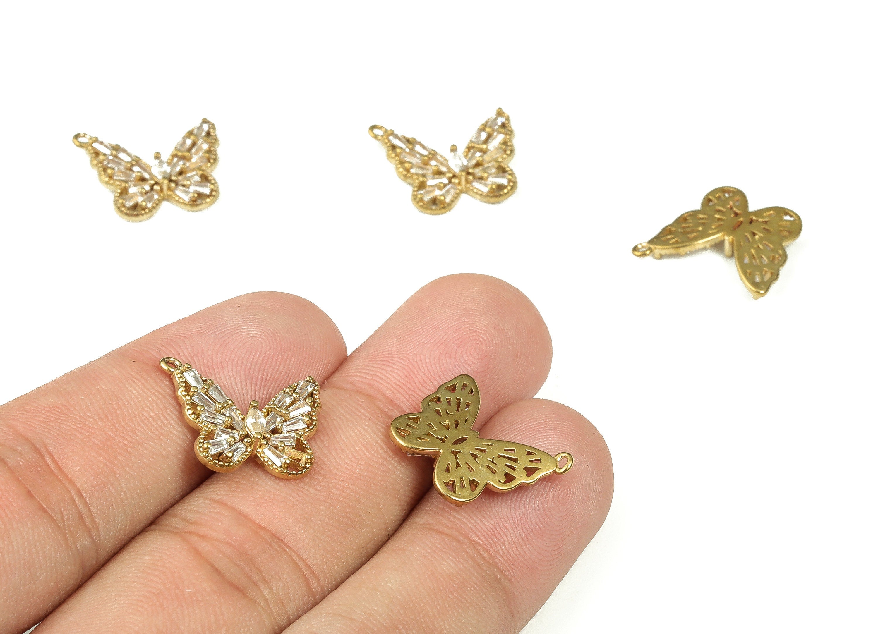 Brass Butterfly Earring Charms – Zircon Butterfly Pendant - Raw Brass Butterfly Charm - Jewelry Making Supplies - 16.82x14.05x3.07mm- PP4406 - DOMEDBAZAAR