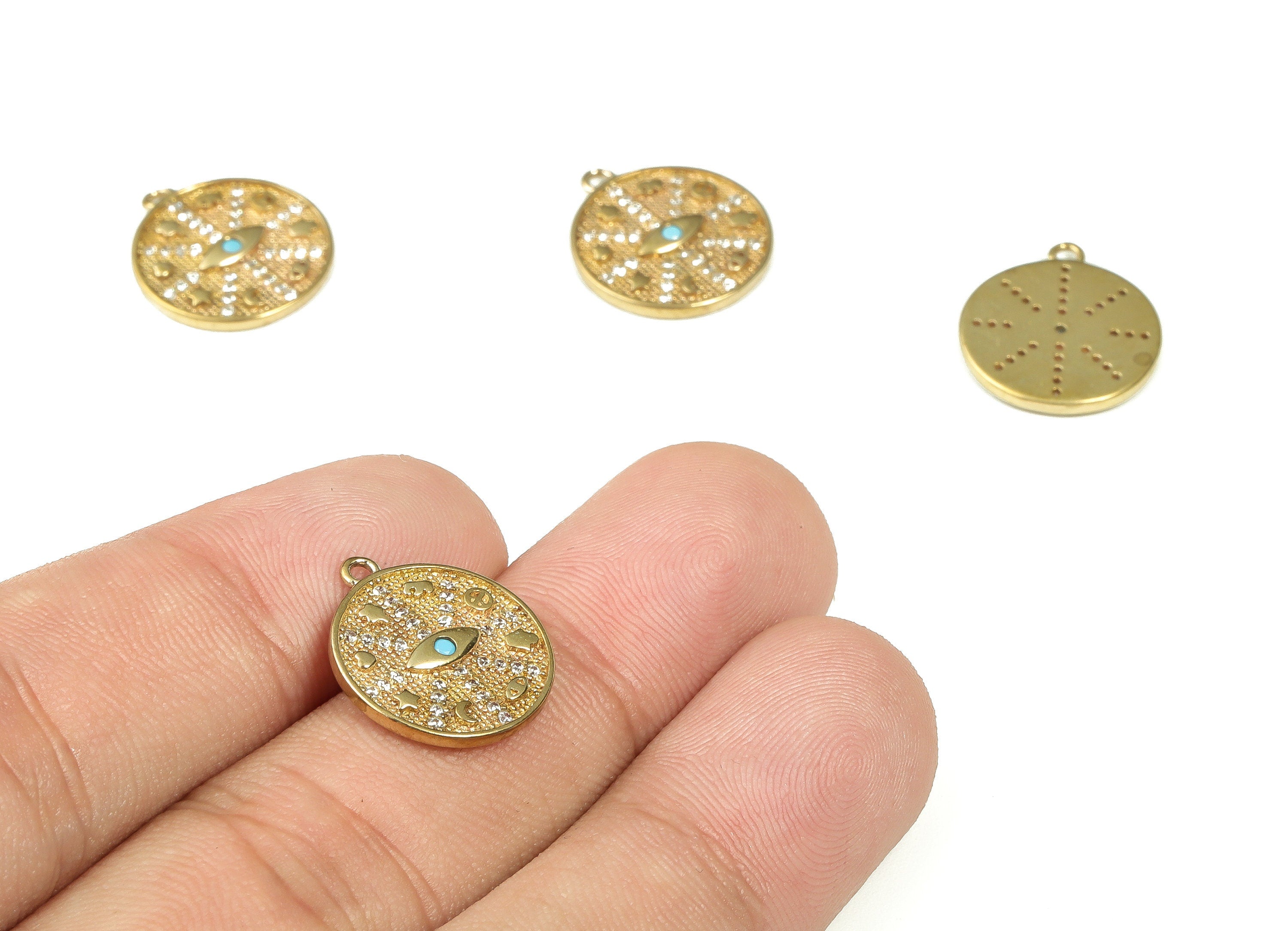 Raw Brass Round Eye Charms – Zircon Evil Eye Charm - Brass Pendant Charms - Earrings Charms – Jewelry Supplies - 16.96x14.81x1.mm - PP4405 - DOMEDBAZAAR