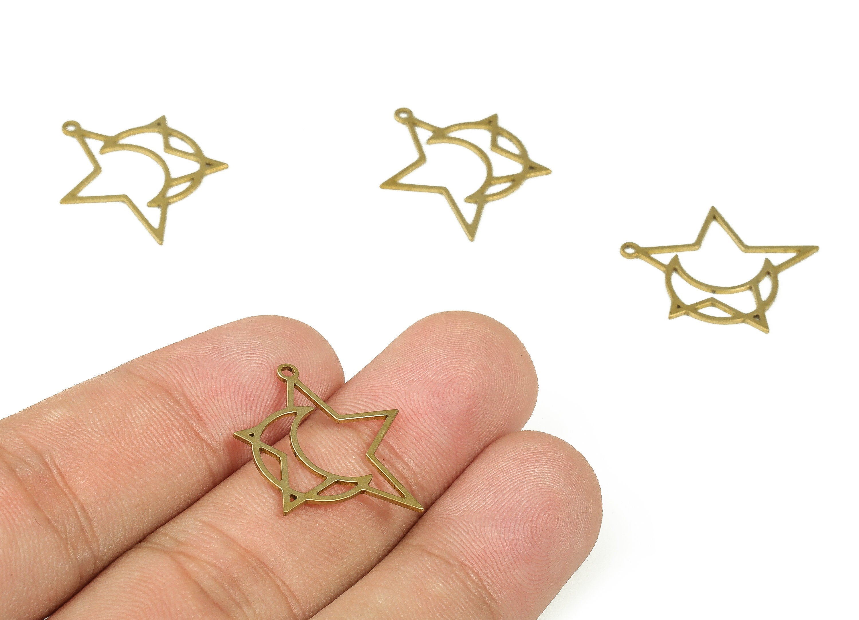 Raw Brass Crescent Moon and Star Earring Charms - Brass Hollow Star Pendant Charms – DIY Jewelry Making Supplies -21.01x18.95x0.7mm - PP4313 - DOMEDBAZAAR