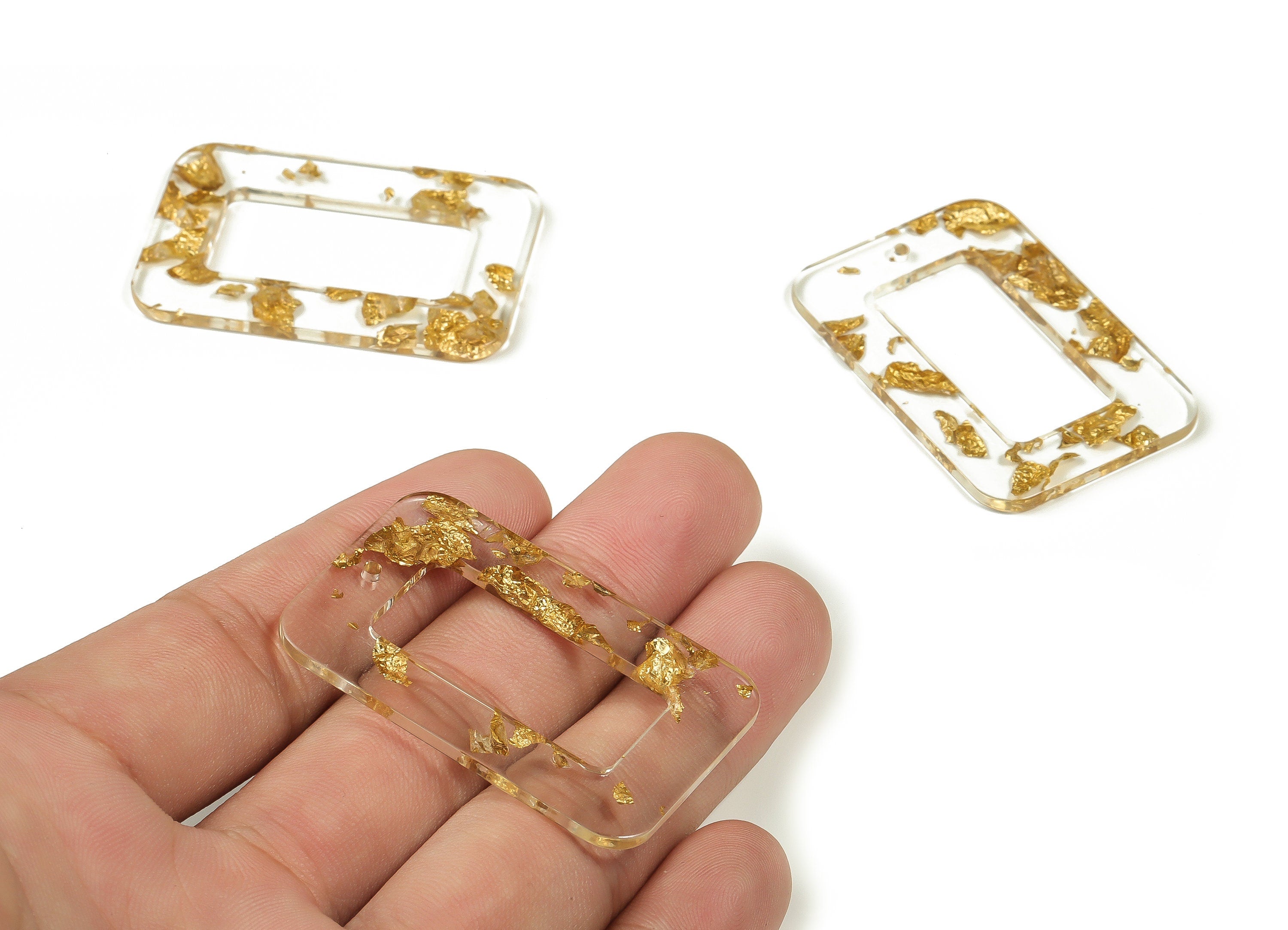 Acrylic Rectangle Earring Charms - Acrylic Rectangle Pendant - Gold Foil & Confetti - Color Code:A255 - 45.03x30.05x2.37mm - AC2324-A255 - DOMEDBAZAAR