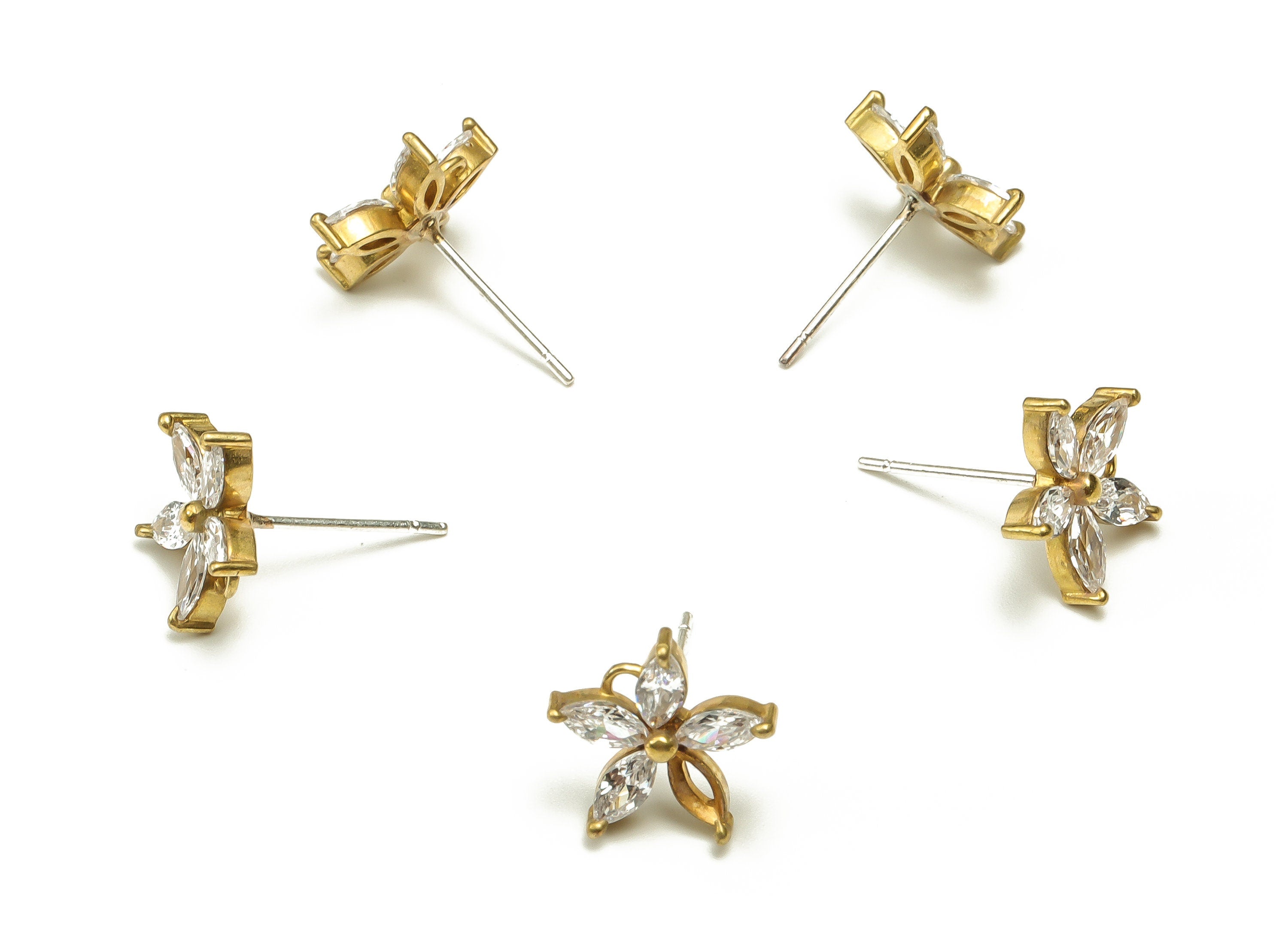 Brass Flowers Earring Stud With Zircons - Raw Brass Flowers Earring Post - Brass Stud - Jewelry Supplies - 11.86x11.72x3.61mm - PP4559 - DOMEDBAZAAR