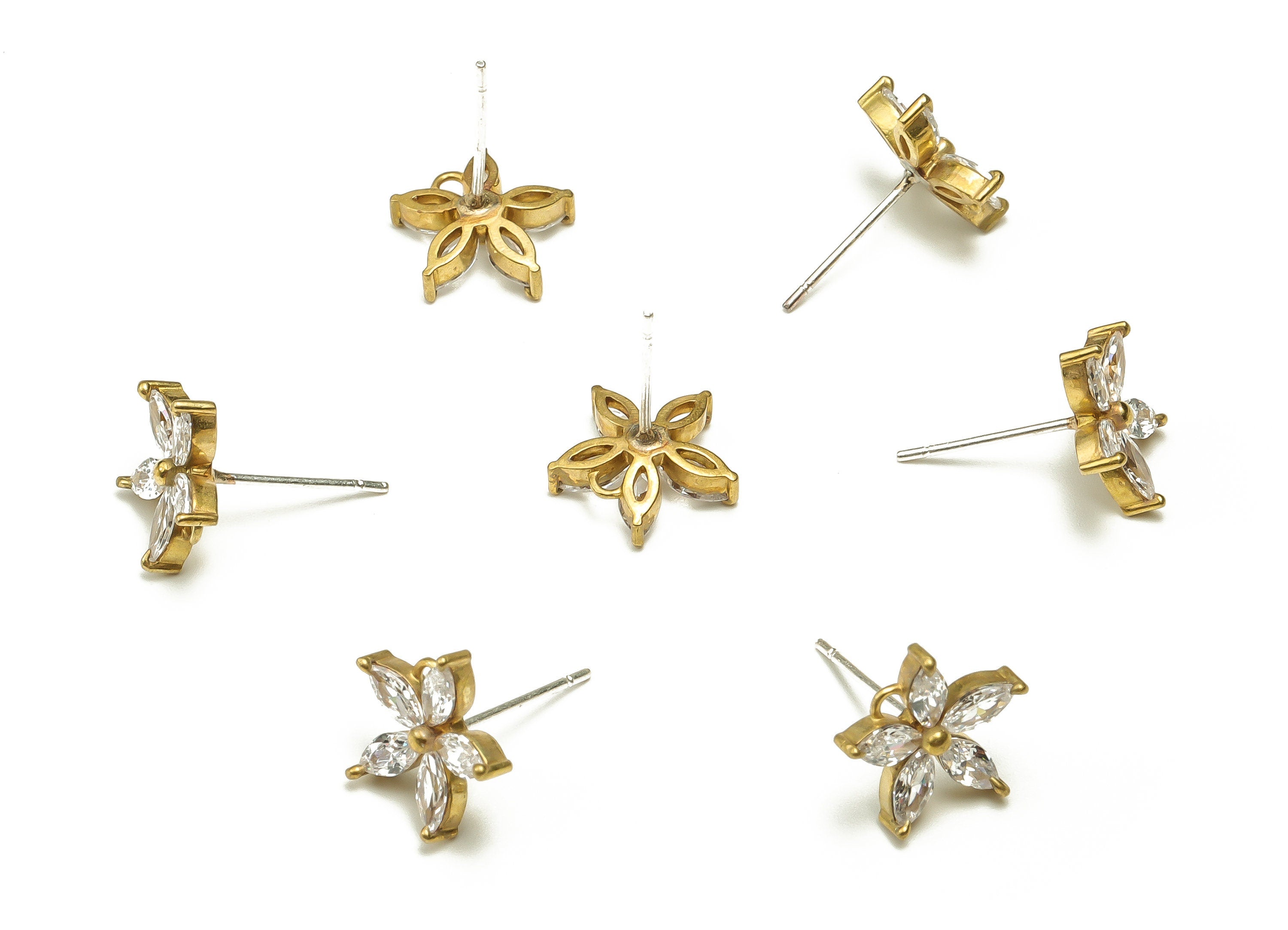 Brass Flowers Earring Stud With Zircons - Raw Brass Flowers Earring Post - Brass Stud - Jewelry Supplies - 11.86x11.72x3.61mm - PP4559 - DOMEDBAZAAR