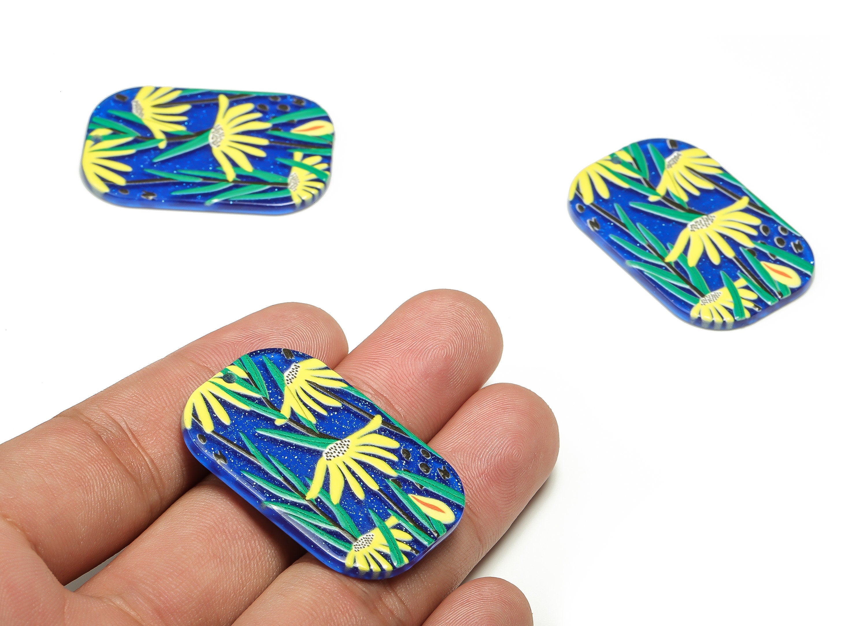 Acrylic Rectangle Charm - Flower Blue Pendant Charm - Rectangle Earring Charm - DIY Jewelry Making Supplies - 39.98x26.14x2.49mm - AC2318 - DOMEDBAZAAR
