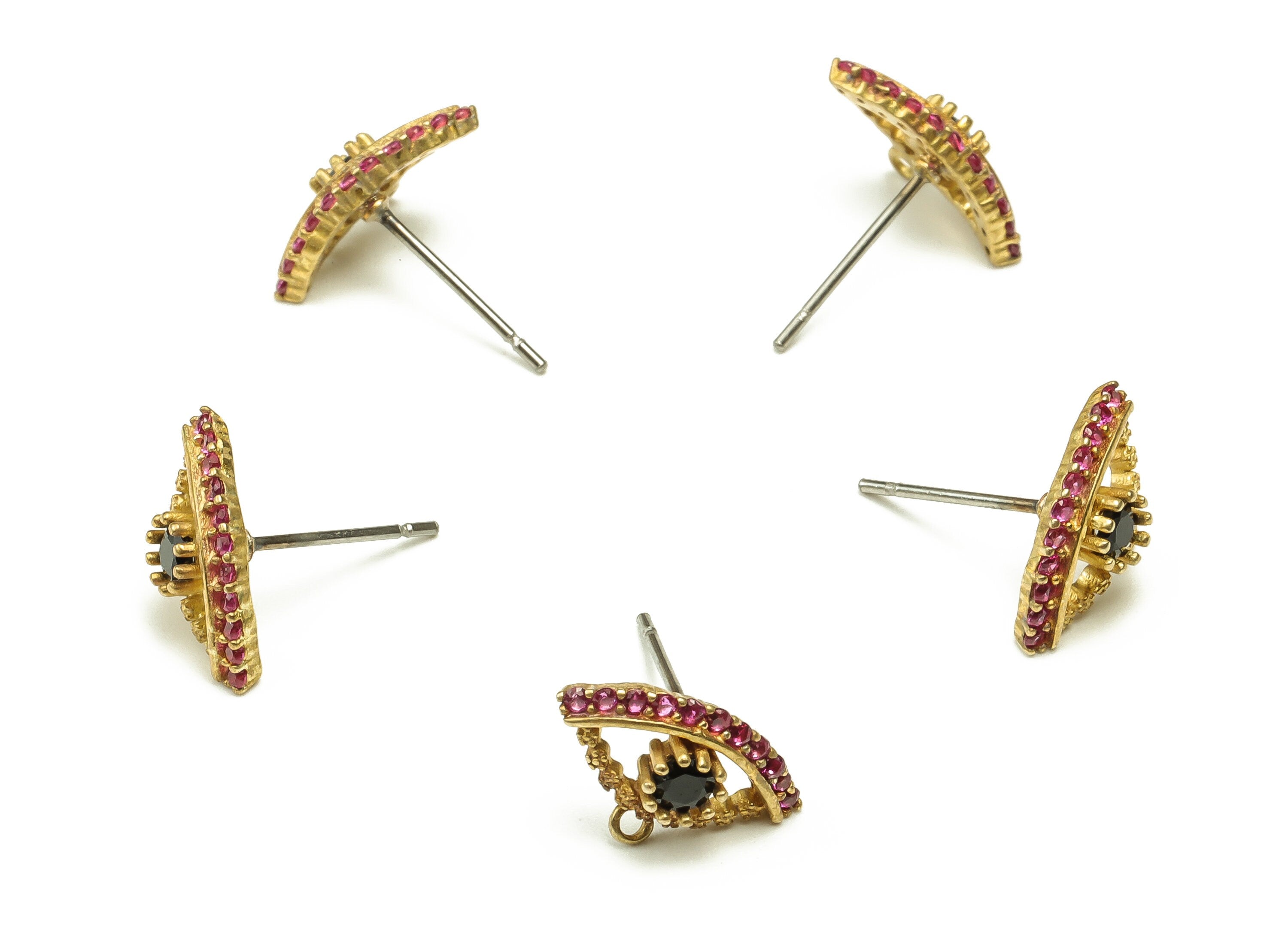 Brass Eyes Earring Stud With Zircons - Raw Brass Eyes Post - Brass Stud - Earring Finding - Jewelry Supplies - 13.67x8.63x3.64mm - PP4554 - DOMEDBAZAAR