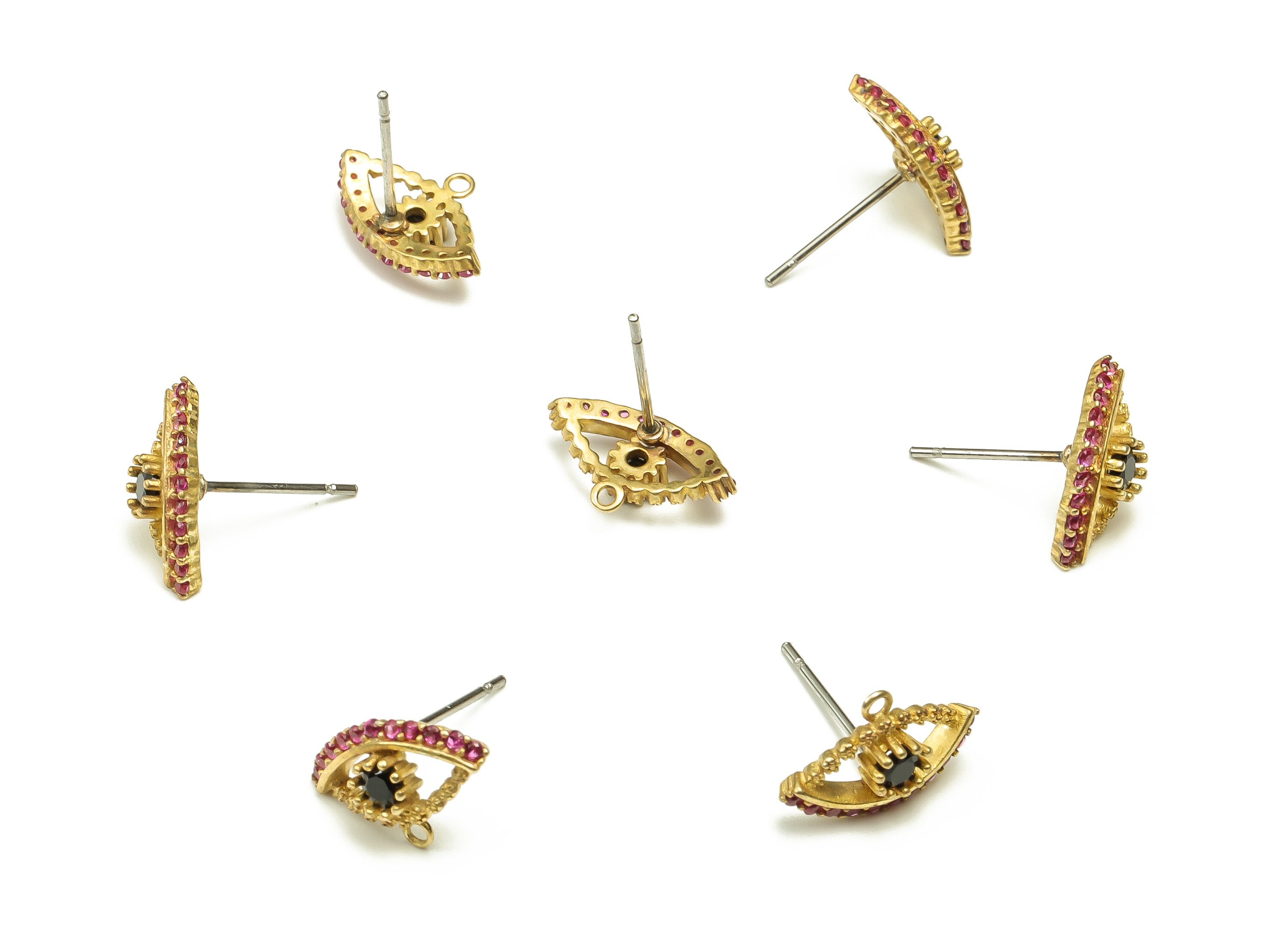 Brass Eyes Earring Stud With Zircons - Raw Brass Eyes Post - Brass Stud - Earring Finding - Jewelry Supplies - 13.67x8.63x3.64mm - PP4554 - DOMEDBAZAAR